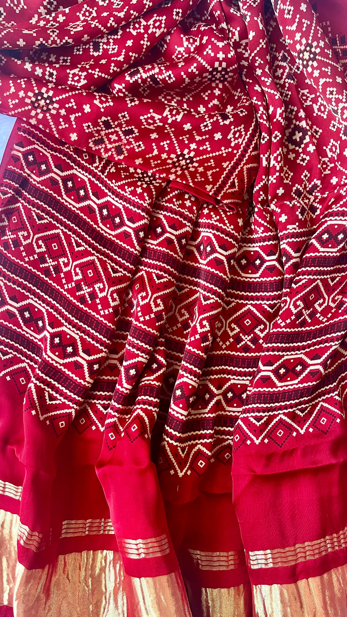 Red Patola Print Modal Silk Lagdi Patti Ajrakh Dupatta