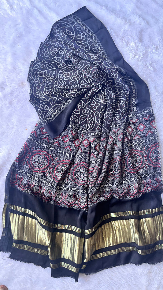 Black Rie Bandhej Print Modal Silk Lagdi Patti Ajrakh Dupatta