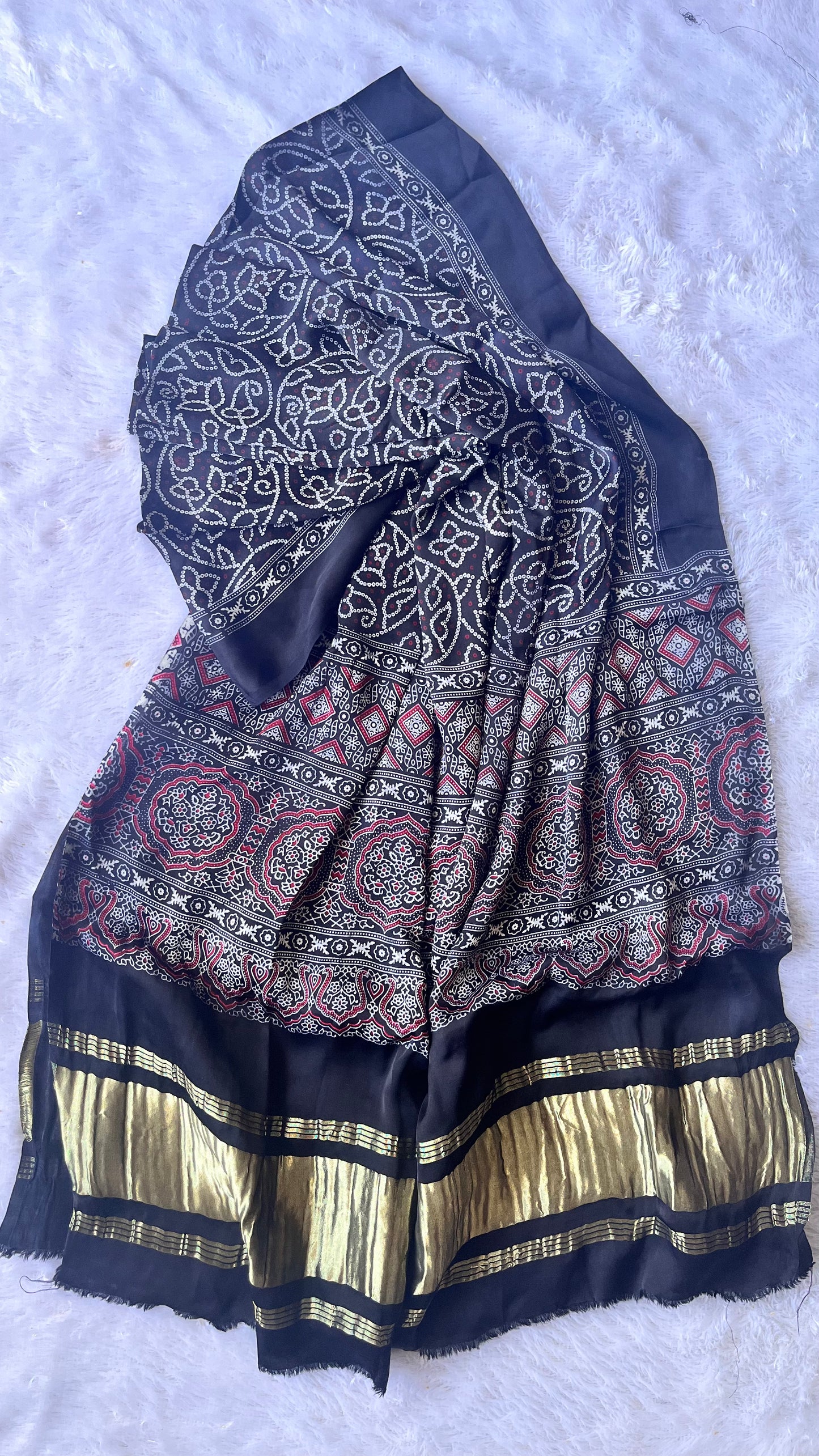 Black Rie Bandhej Print Modal Silk Lagdi Patti Ajrakh Dupatta