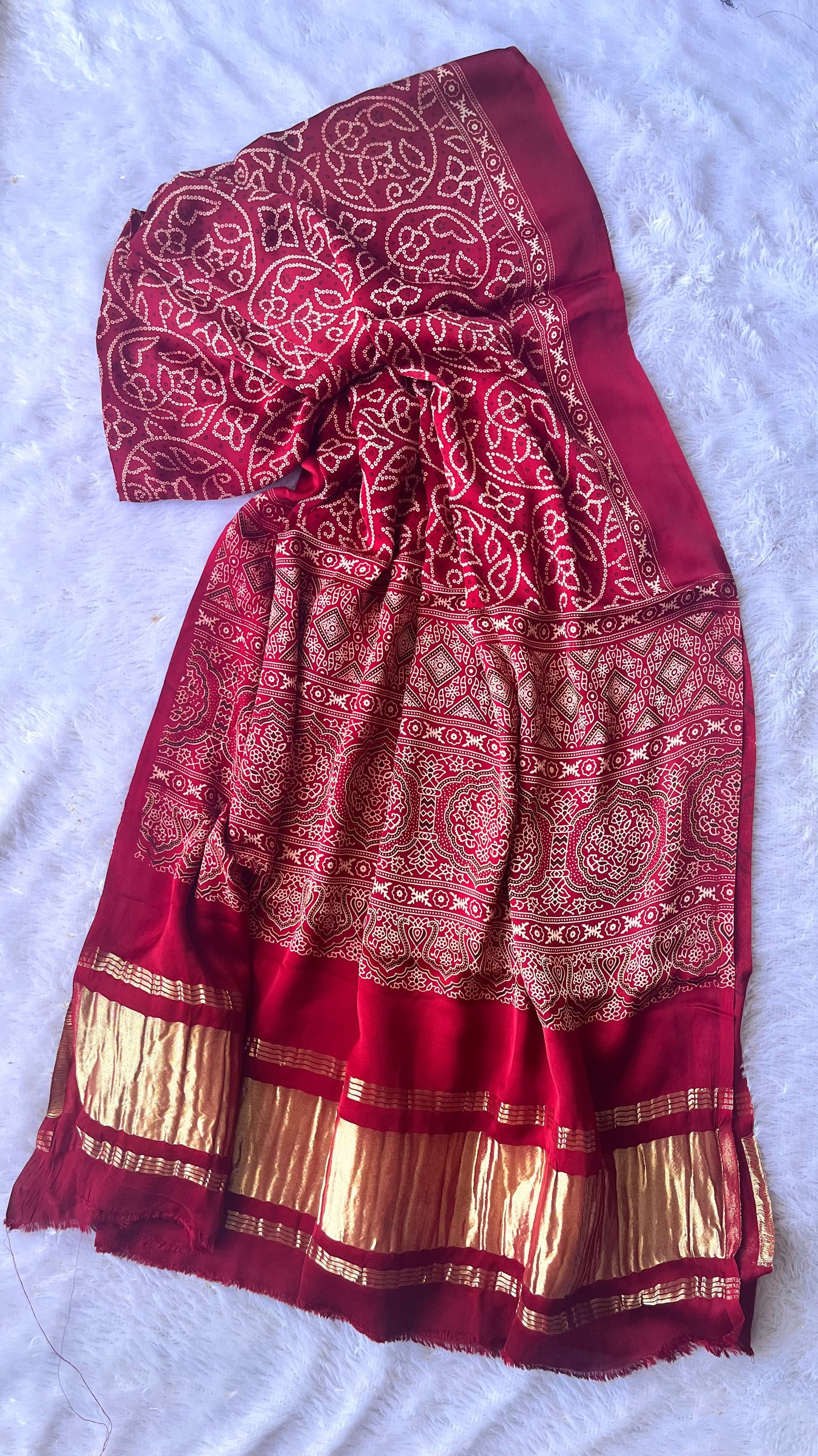 Maroon Rie Bandhey Modal Silk Lagdi Patti Ajrakh Dupatta