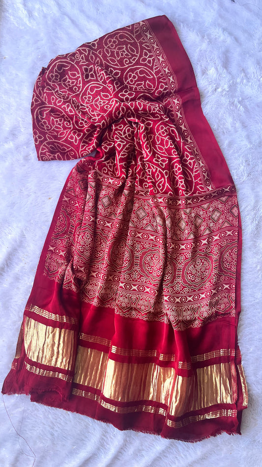 Maroon Rie Bandhey Modal Silk Lagdi Patti Ajrakh Dupatta