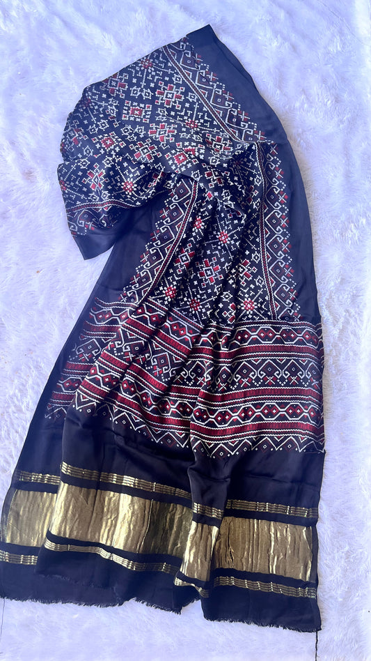 Black Patola Print Modal Silk Lagdi Patti Ajrakh Dupatta