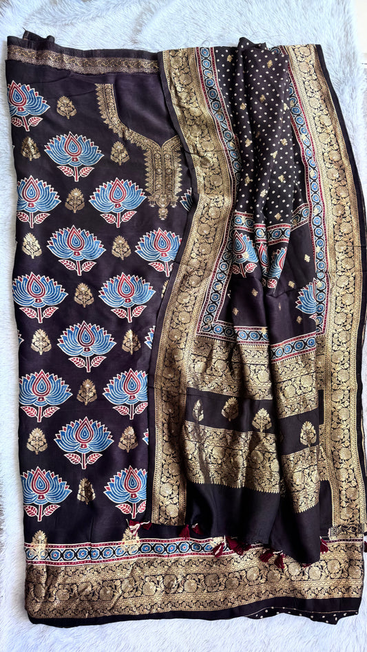 Regal Black Kamal Boota Pure Dola Silk Ajrakh Hand Block Print 2pc Suit Material Set with Menakari Yoke and Nakkashi Dupatta