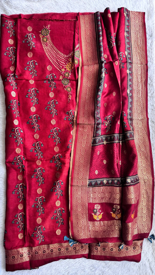 Red Phool Bel Boota Pure Dola Silk Ajrakh Hand Block Print 2pc Suit Material Set with Menakari Yoke and Nakkashi Dupatta