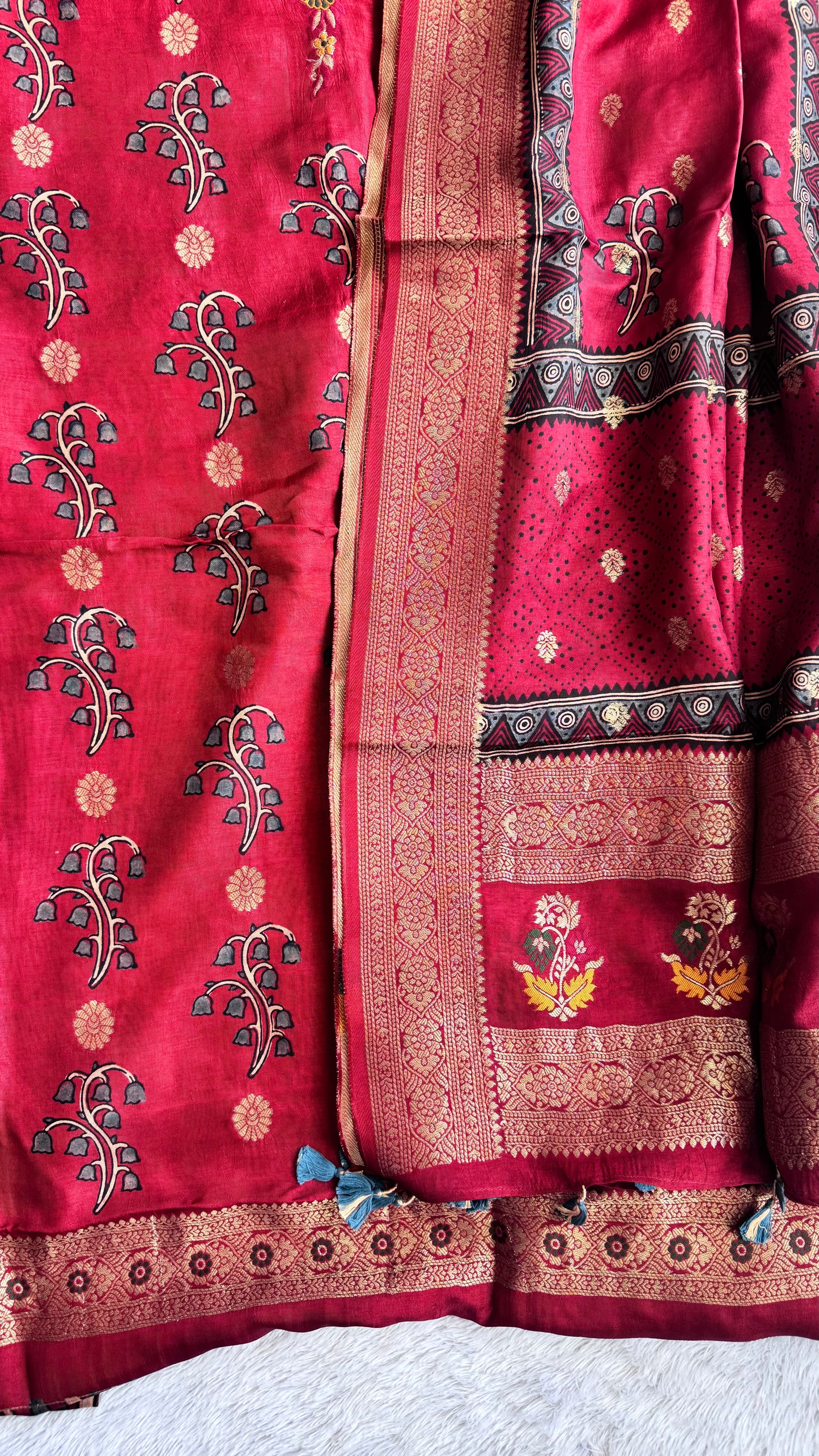 Red Phool Bel Boota Pure Dola Silk Ajrakh Hand Block Print 2pc Suit Material Set with Menakari Yoke and Nakkashi Dupatta