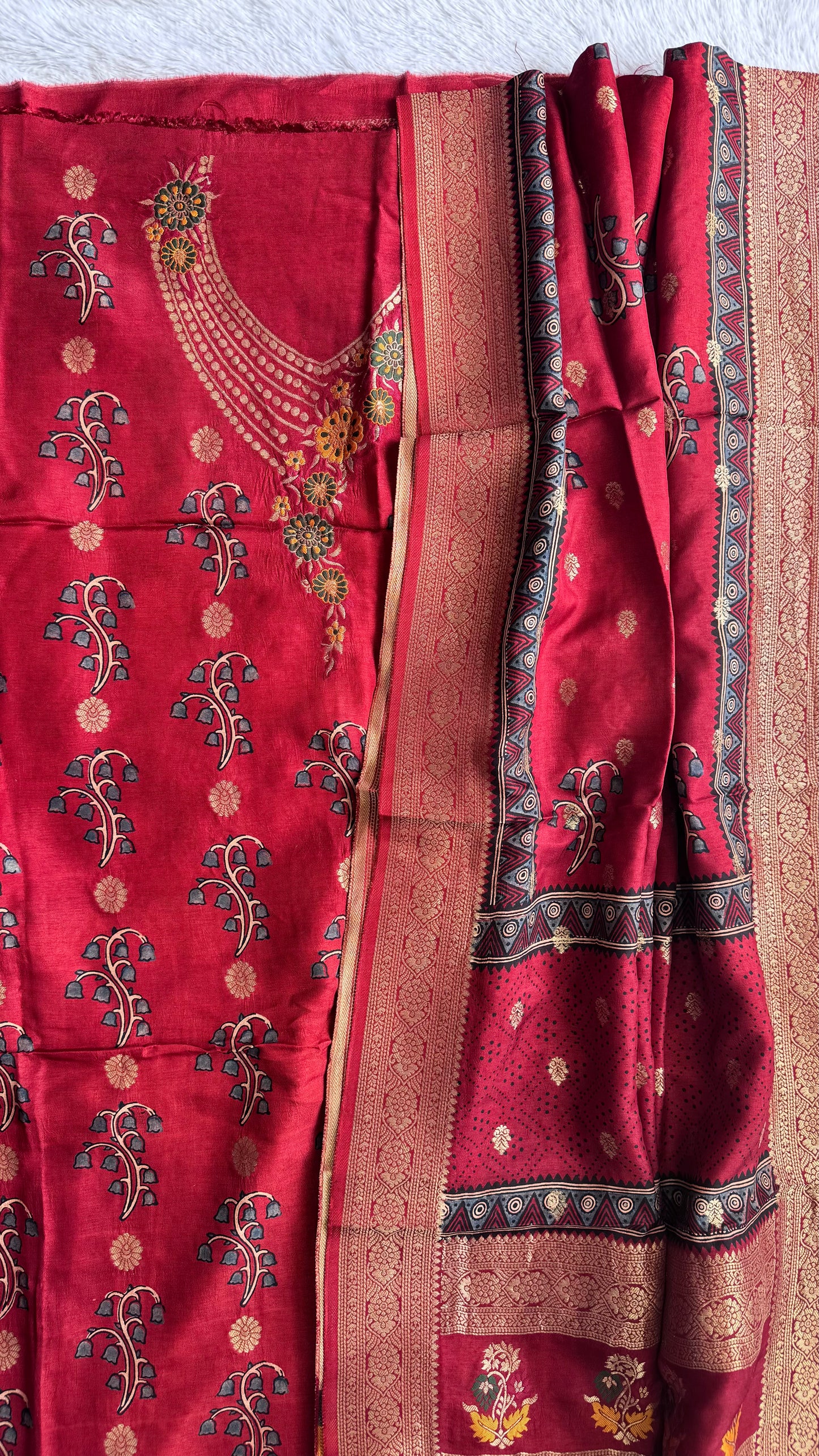 Red Phool Bel Boota Pure Dola Silk Ajrakh Hand Block Print 2pc Suit Material Set with Menakari Yoke and Nakkashi Dupatta