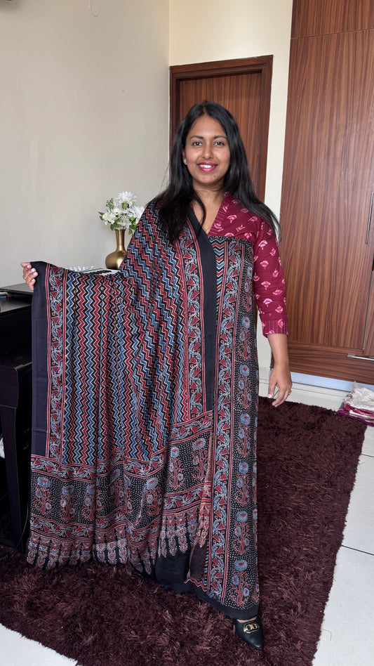 Black Zigzag and Mugal Motif Modal Silk Hand Block Print 2pc Suit Material Set