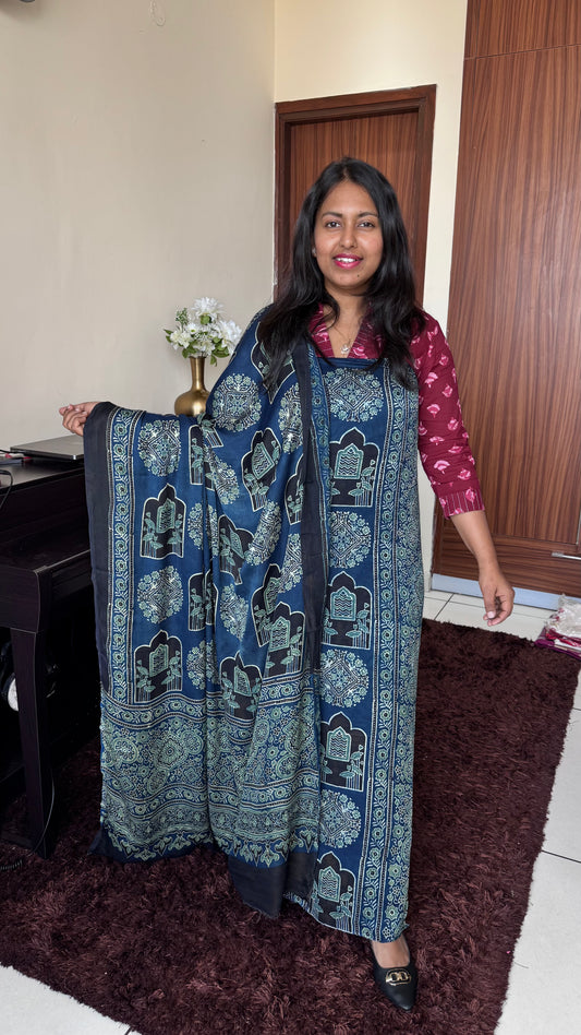Indigo Jharokha Motif Modal Silk Suit Material with Ajrakh Modal Dupatta