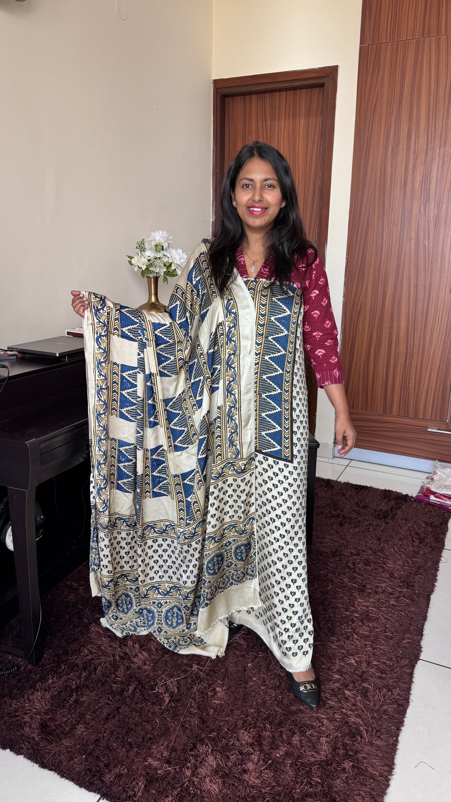 Off White Kamal Buti Motif Modal Silk Hand Block Print 2pc Suit Material Set