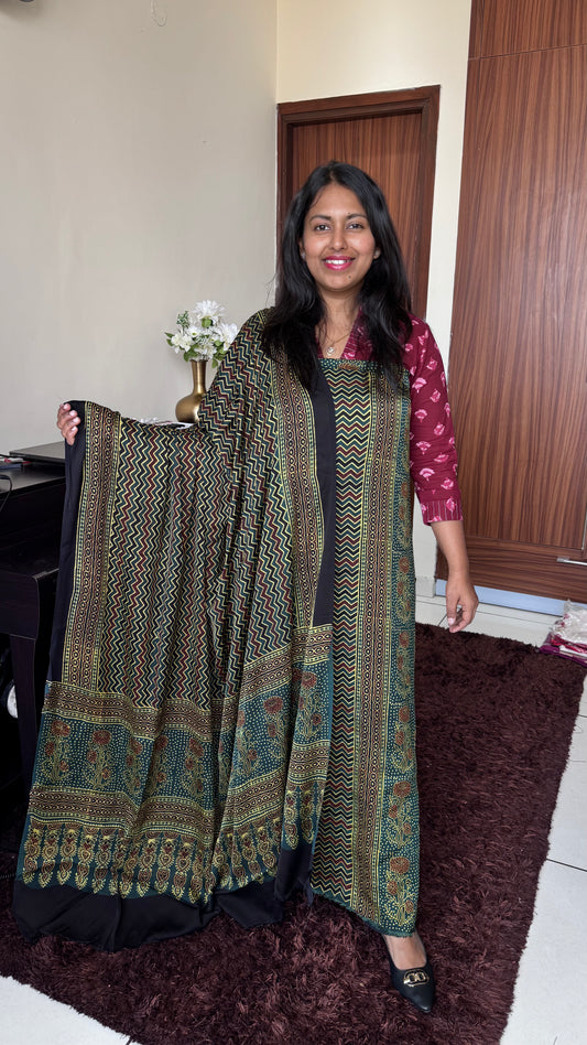 Gracious Green Dhaari and Boota Motif Modal Silk Ajrakh Natural Dyed Hand Block 2pc Suit Set