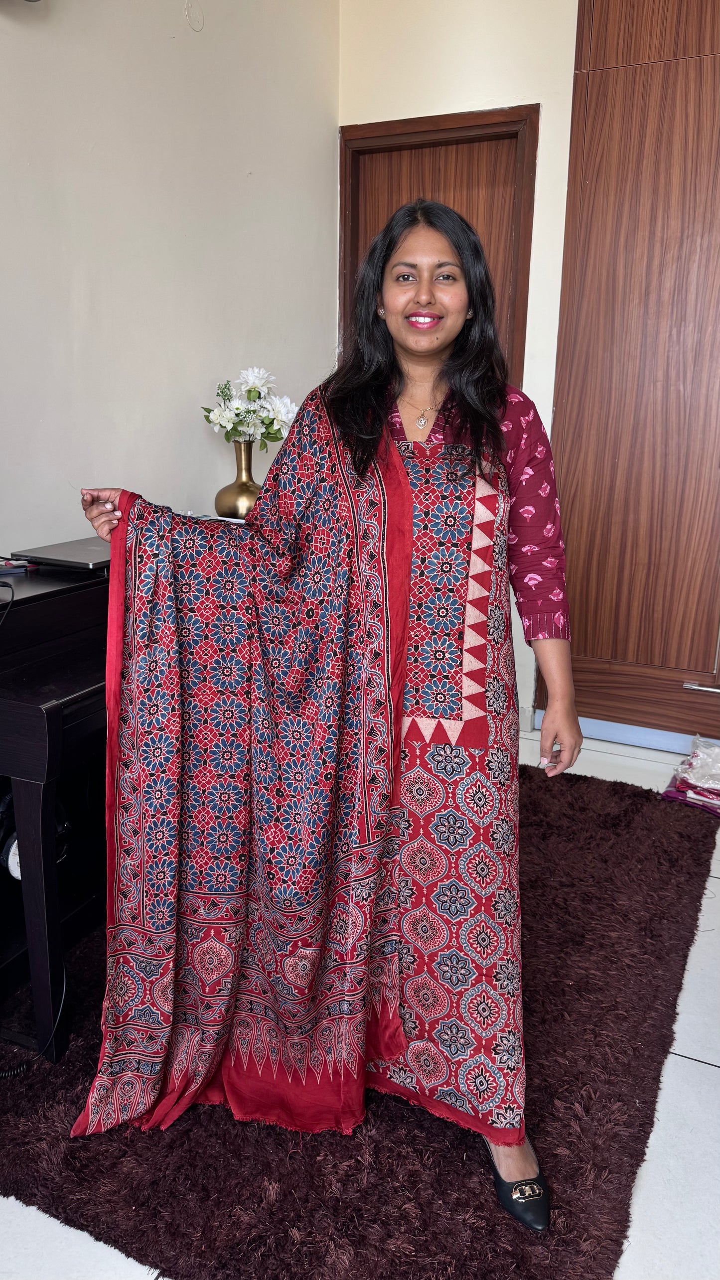 Red Classic Badaam Buta Modal Silk Hand Block Print 2pc Suit Material with Modal Silk Dupatta