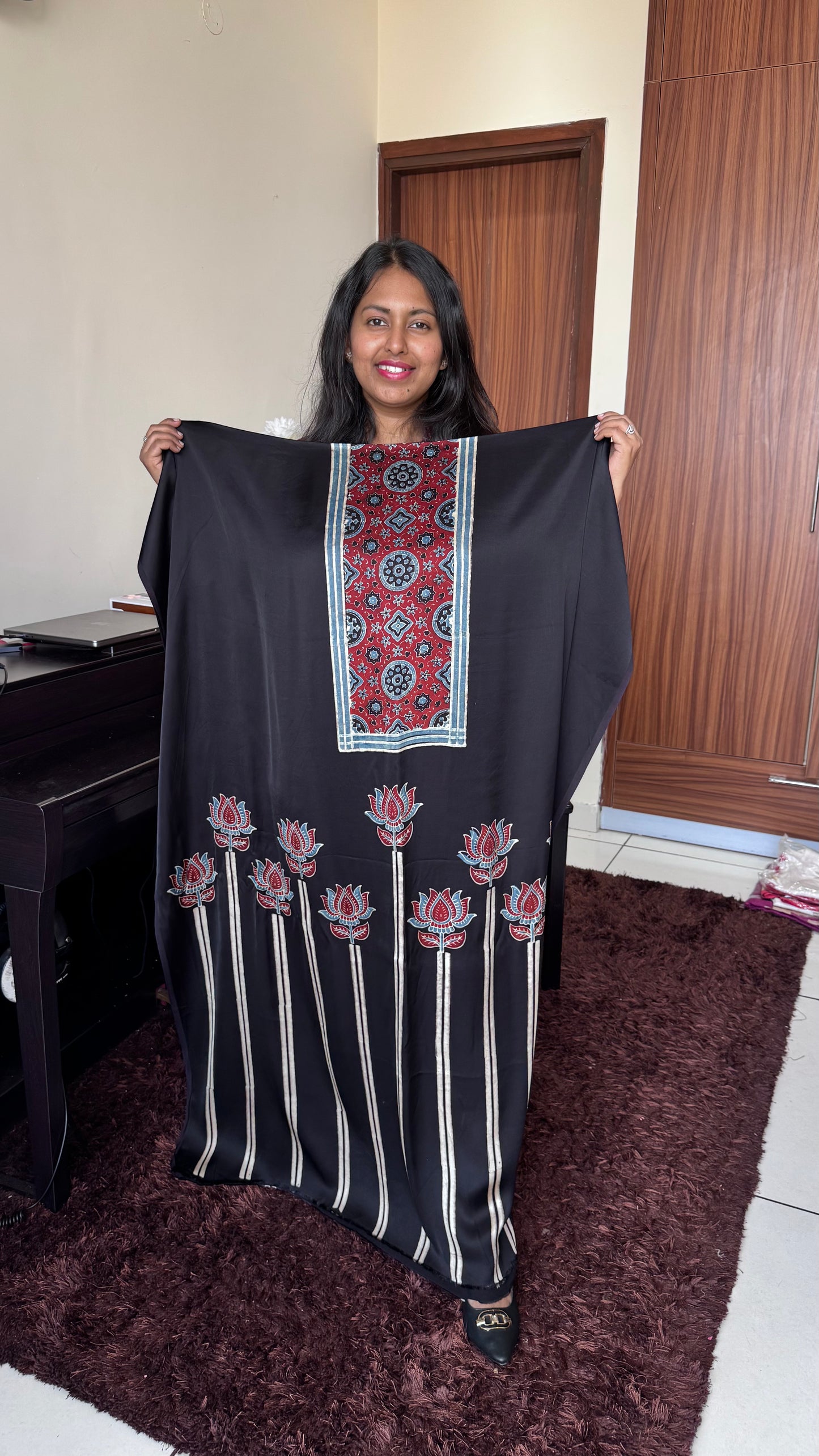 Black Kamal Boota Motif Modal Silk Ajrakh Hand Block Print Designer Unstitched Fabric (Kurta Only)