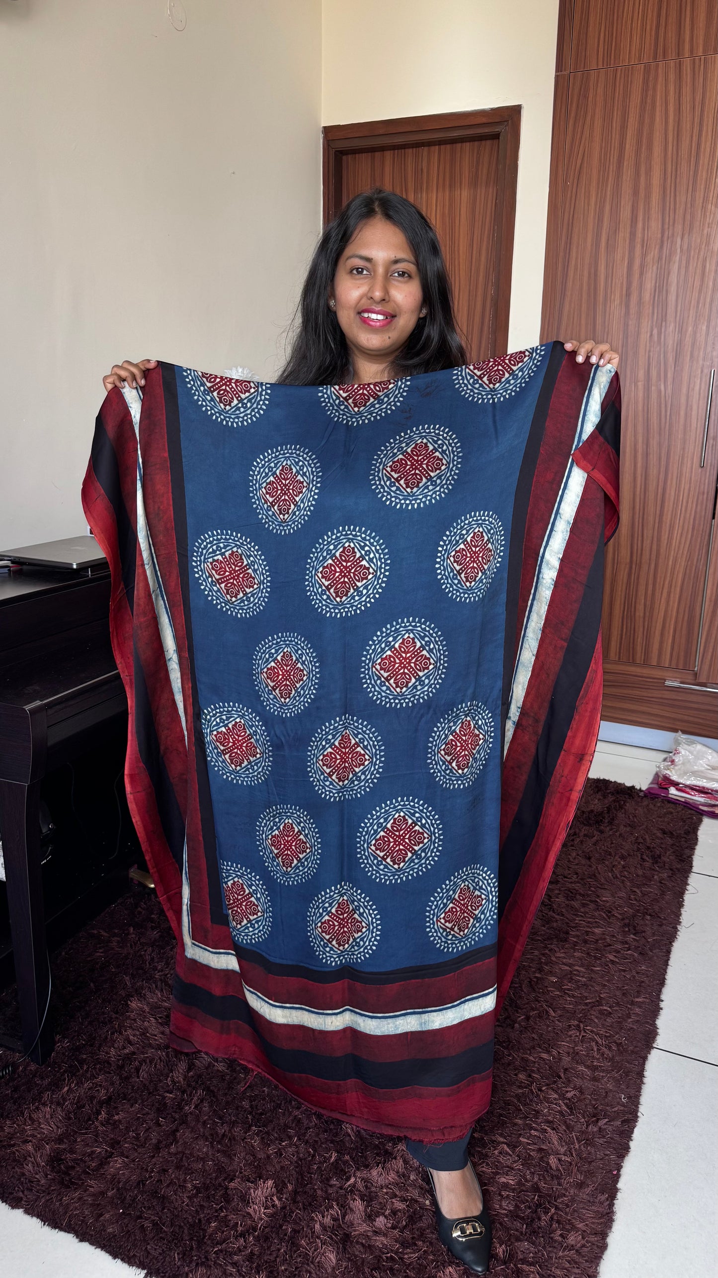 Blue Red Circle Flower Motif Modal Silk Ajrakh Hand Block Print Designer Unstitched Fabric (Kurta Only)