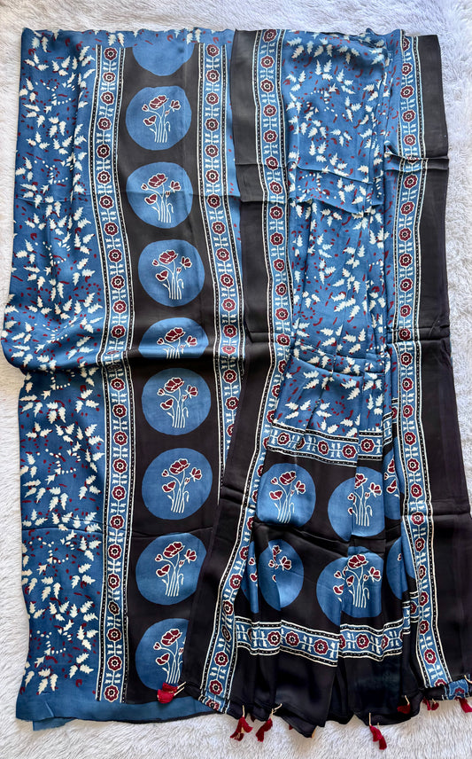 Blue Flower Motif Ajrakh Hand Block Print Modal Silk Suit Material