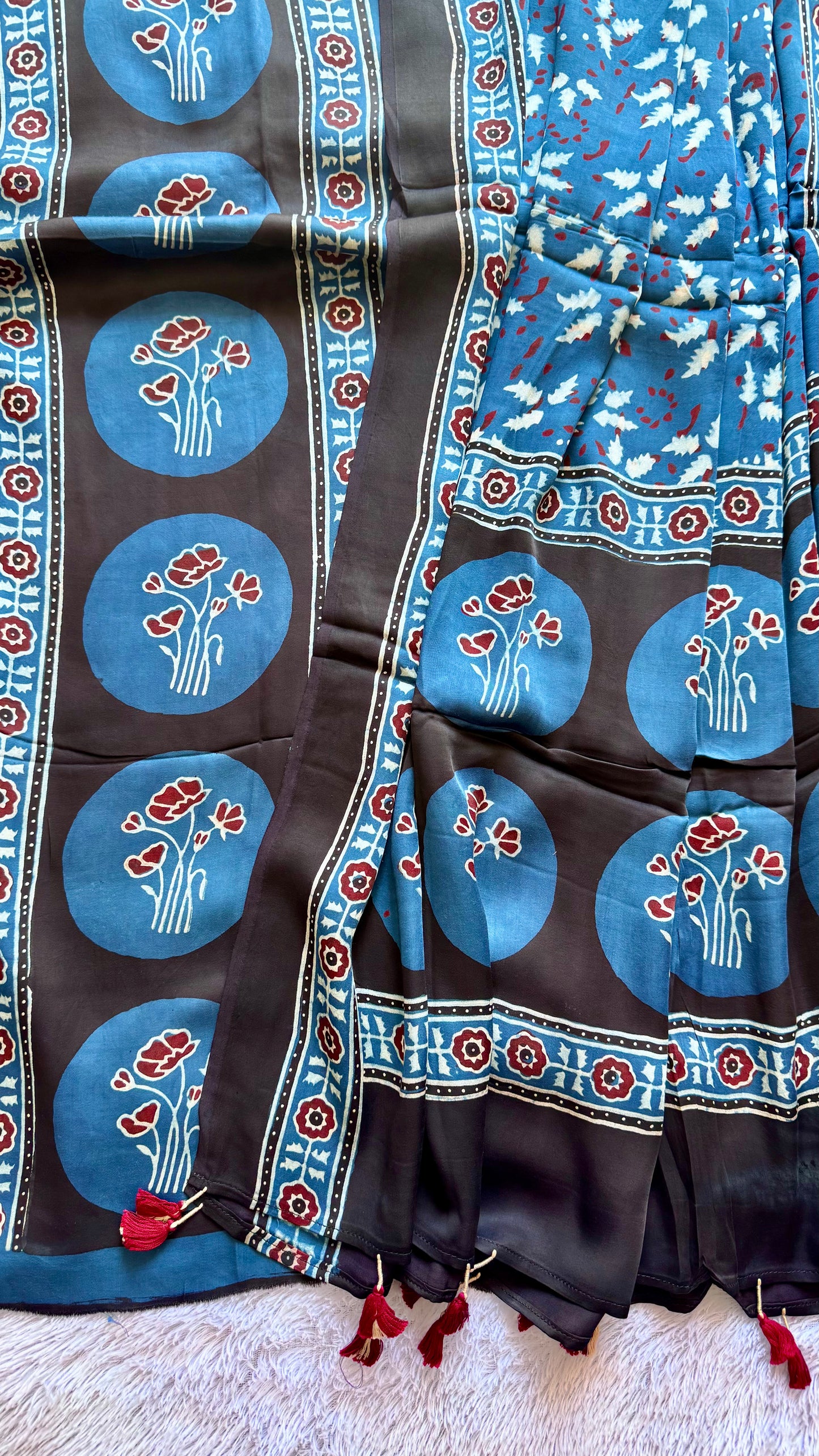 Blue Flower Motif Ajrakh Hand Block Print Modal Silk Suit Material