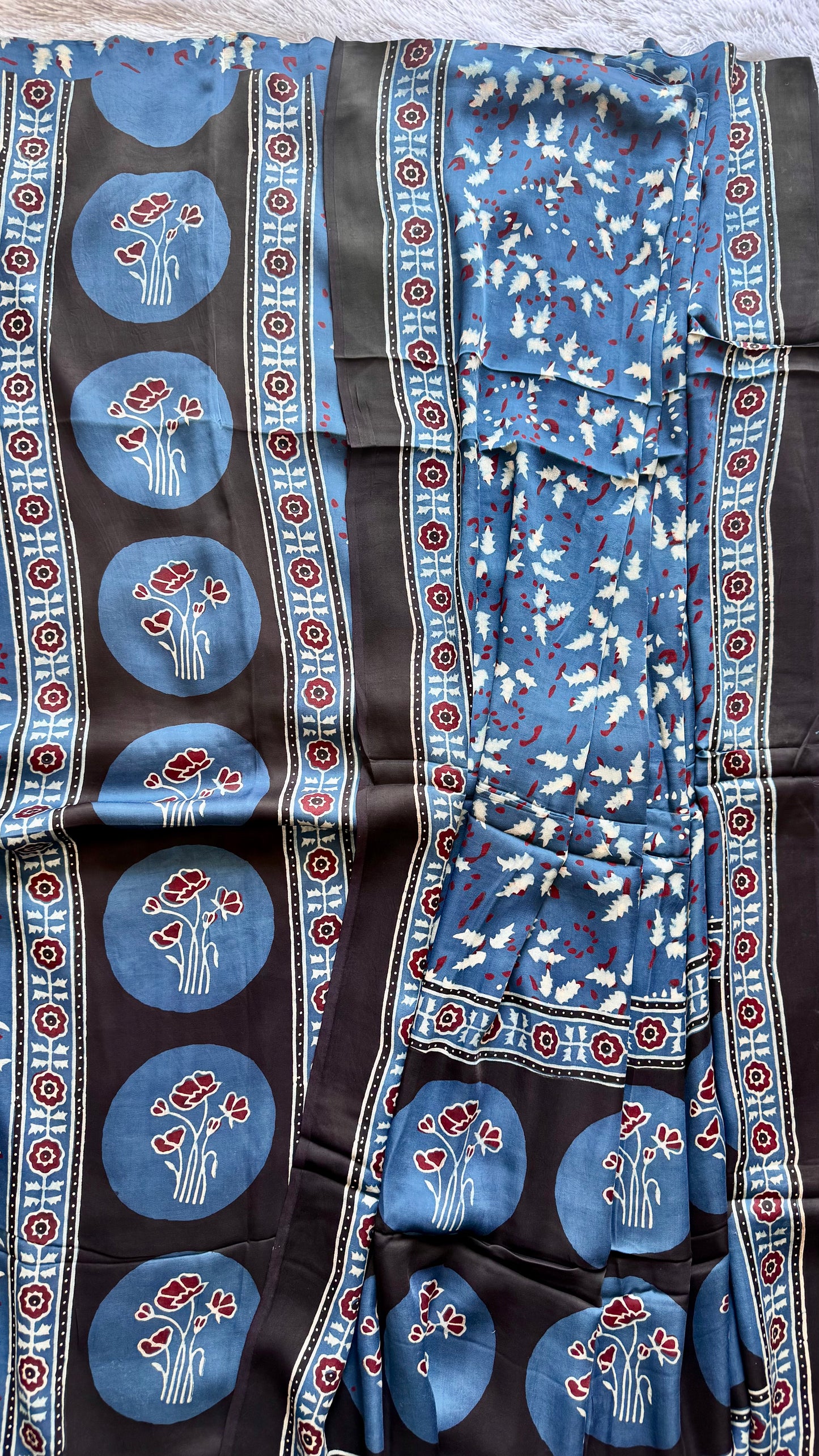 Blue Flower Motif Ajrakh Hand Block Print Modal Silk Suit Material