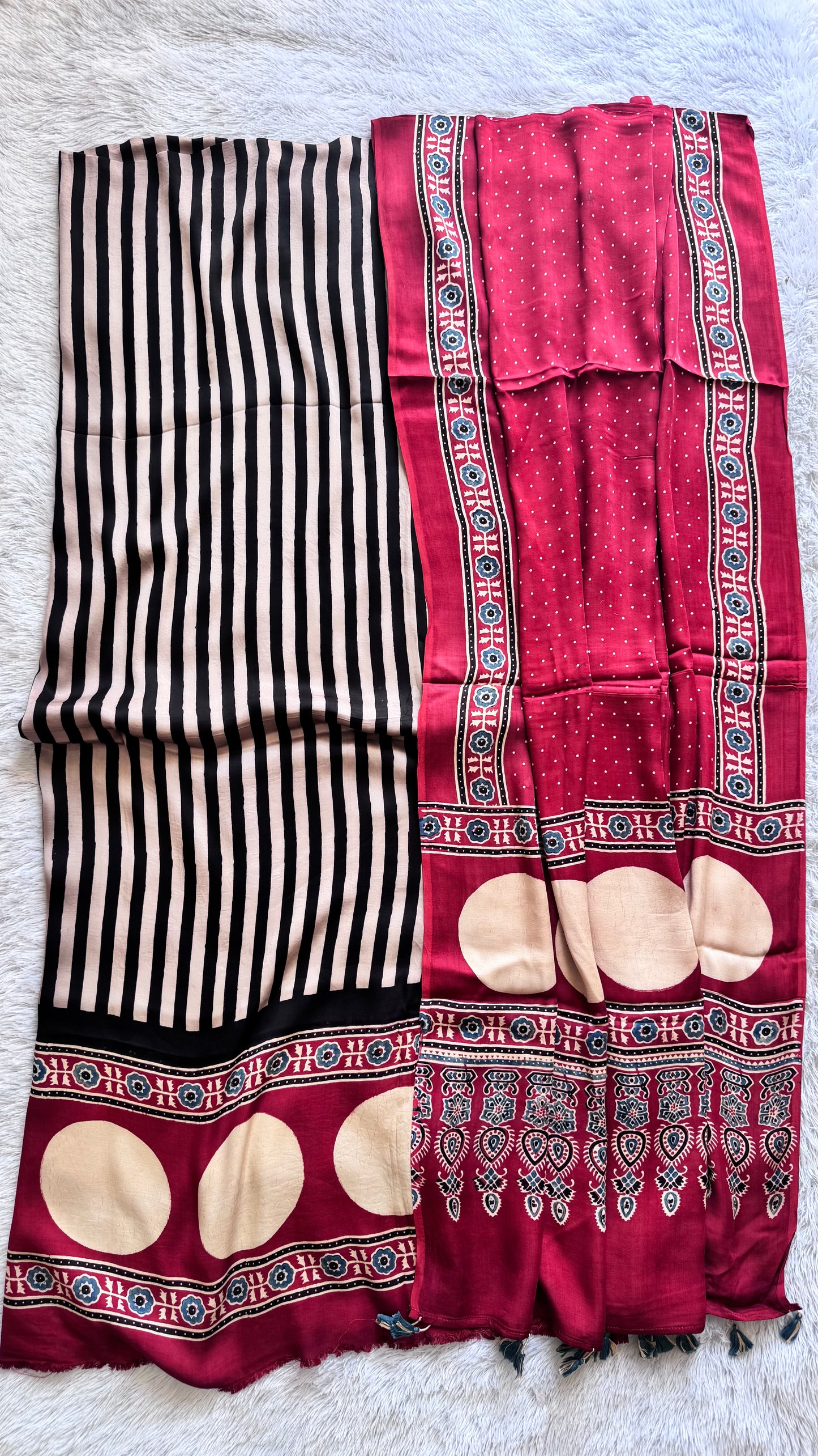 Red Black Strips Circle Motif Ajrakh Hand Block Print Modal Silk Suit Material