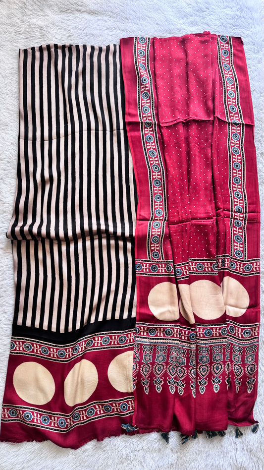 Red Black Strips Circle Motif Ajrakh Hand Block Print Modal Silk Suit Material
