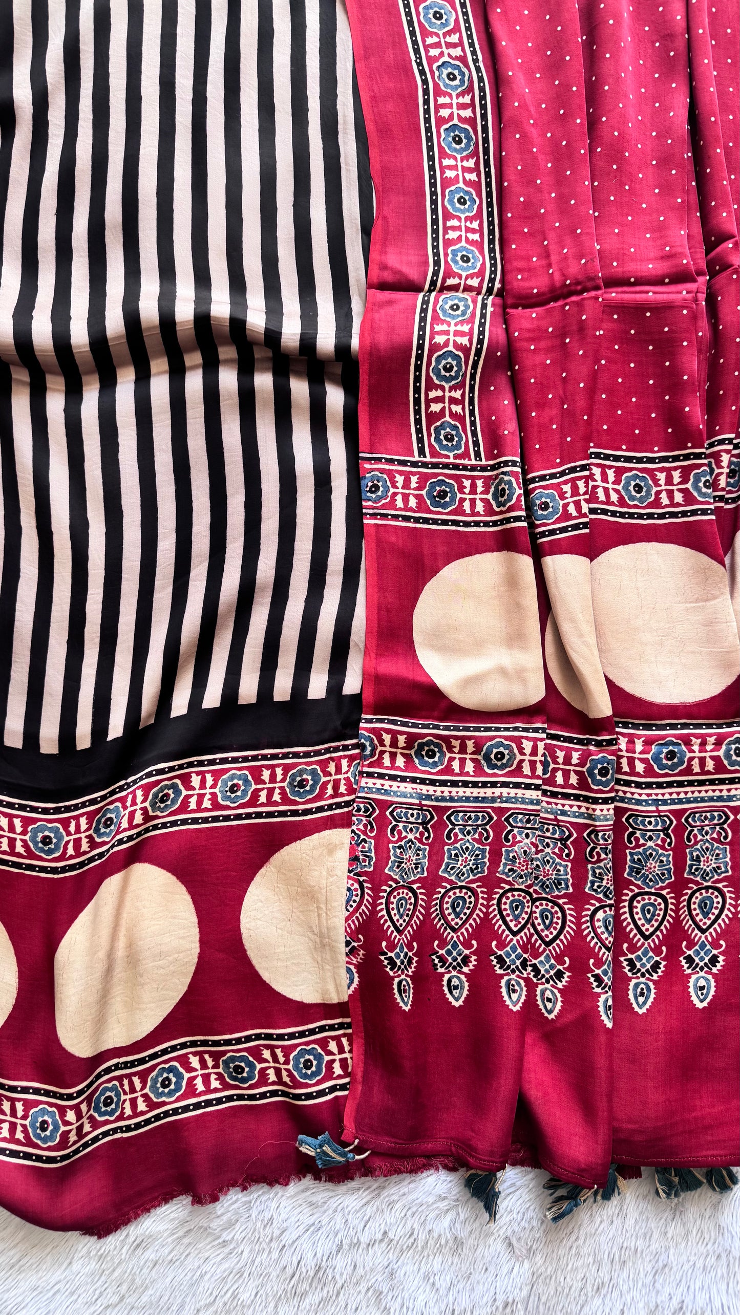 Red Black Strips Circle Motif Ajrakh Hand Block Print Modal Silk Suit Material