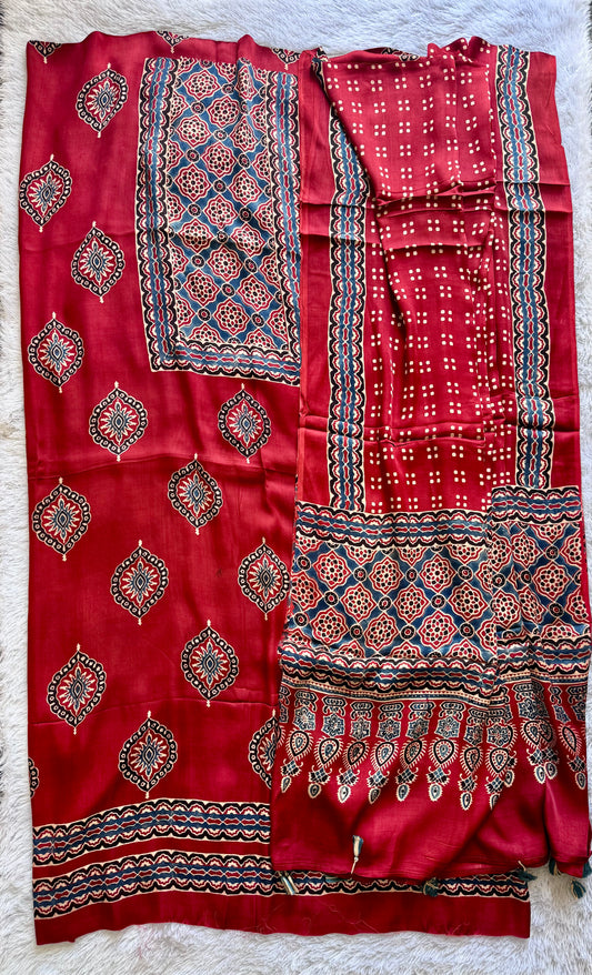 Deep Red Diamond Flower Motif Ajrakh Hand Block Print Modal Silk Suit Material