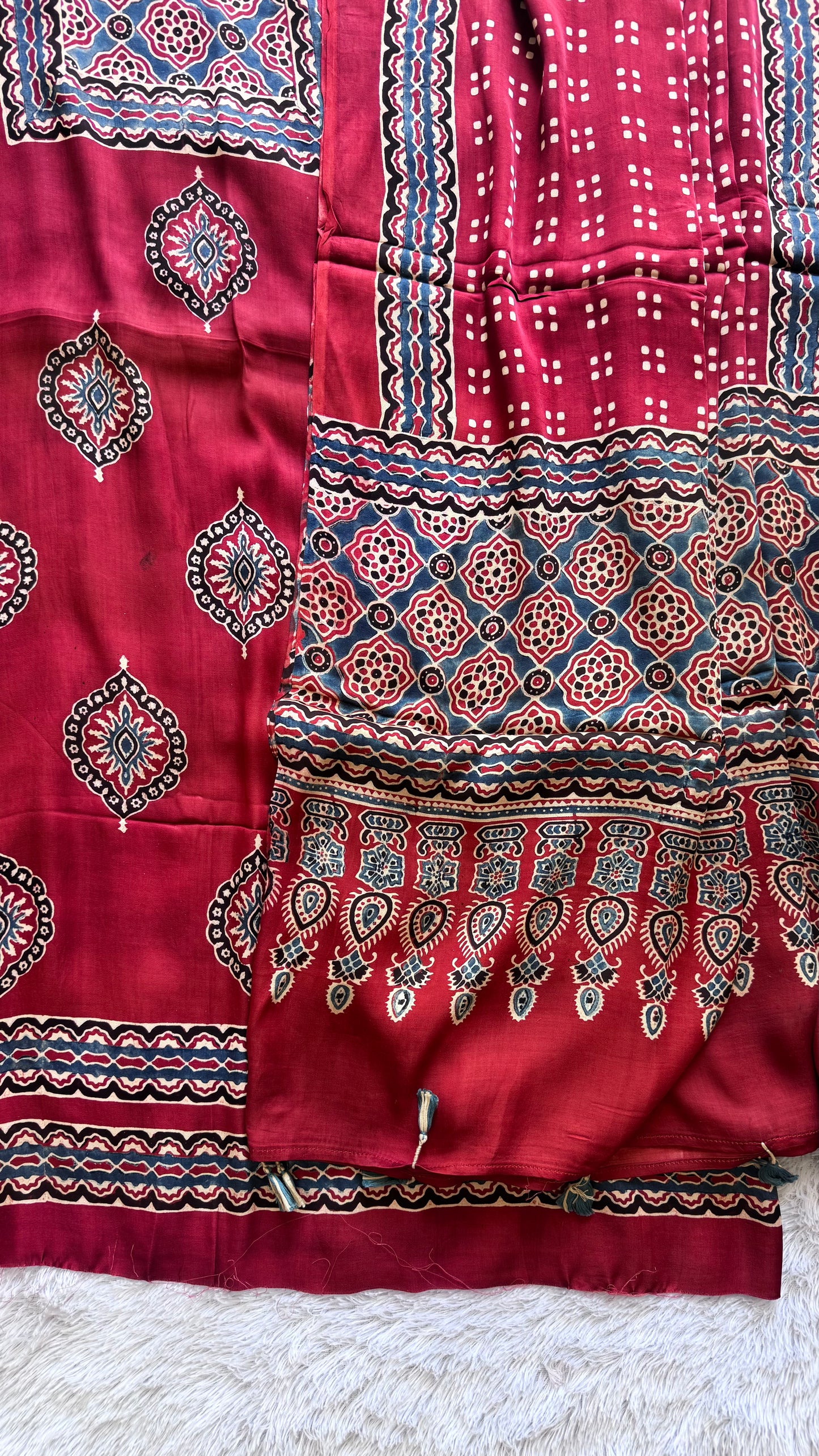 Deep Red Diamond Flower Motif Ajrakh Hand Block Print Modal Silk Suit Material