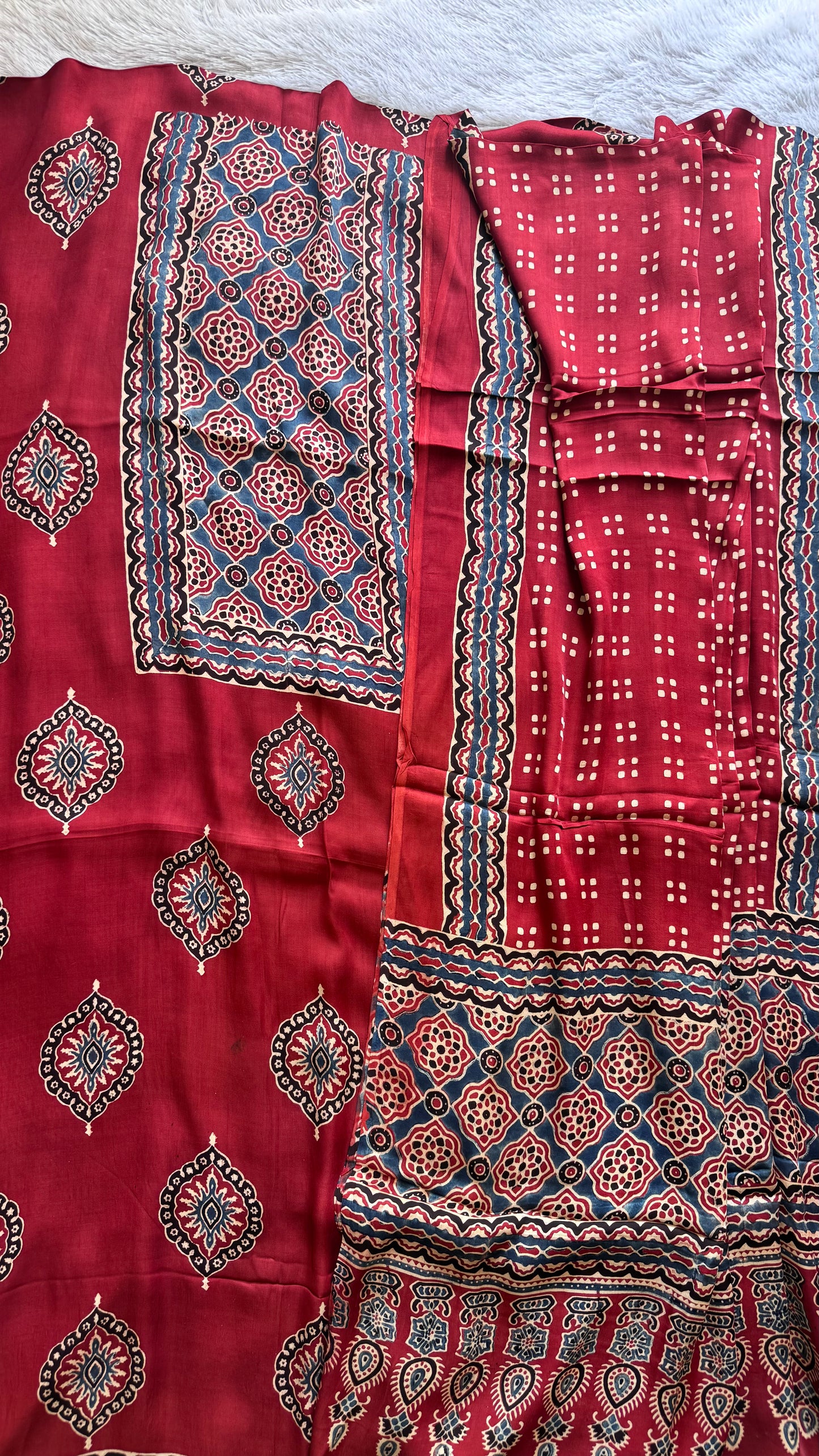 Deep Red Diamond Flower Motif Ajrakh Hand Block Print Modal Silk Suit Material