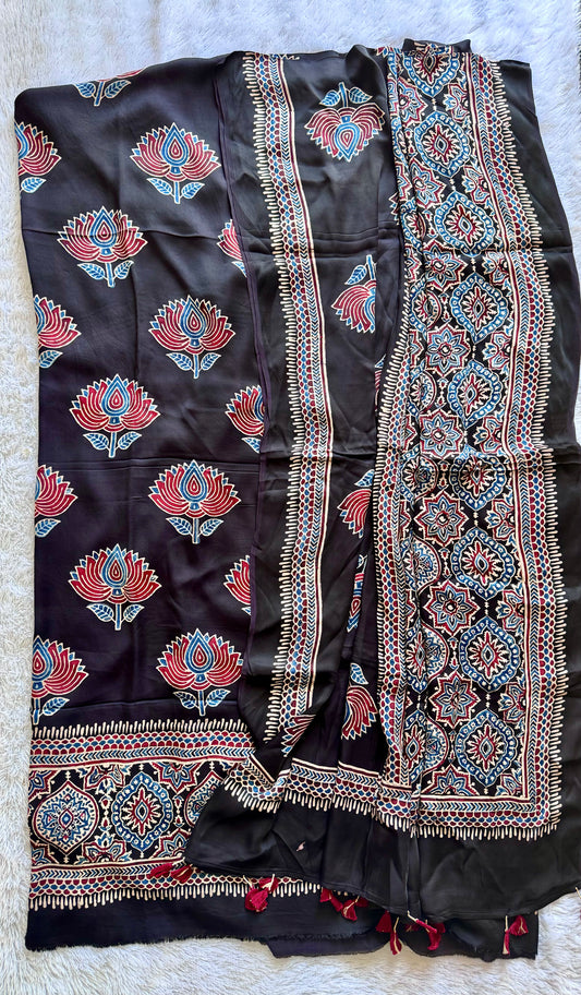 Black Kamal Boota Motif Ajrakh Hand Block Print Modal Silk Suit Material