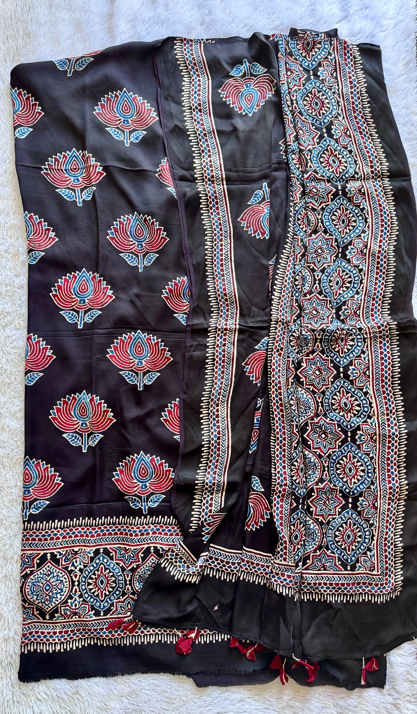 Black Kamal Boota Motif Ajrakh Hand Block Print Modal Silk Suit Material
