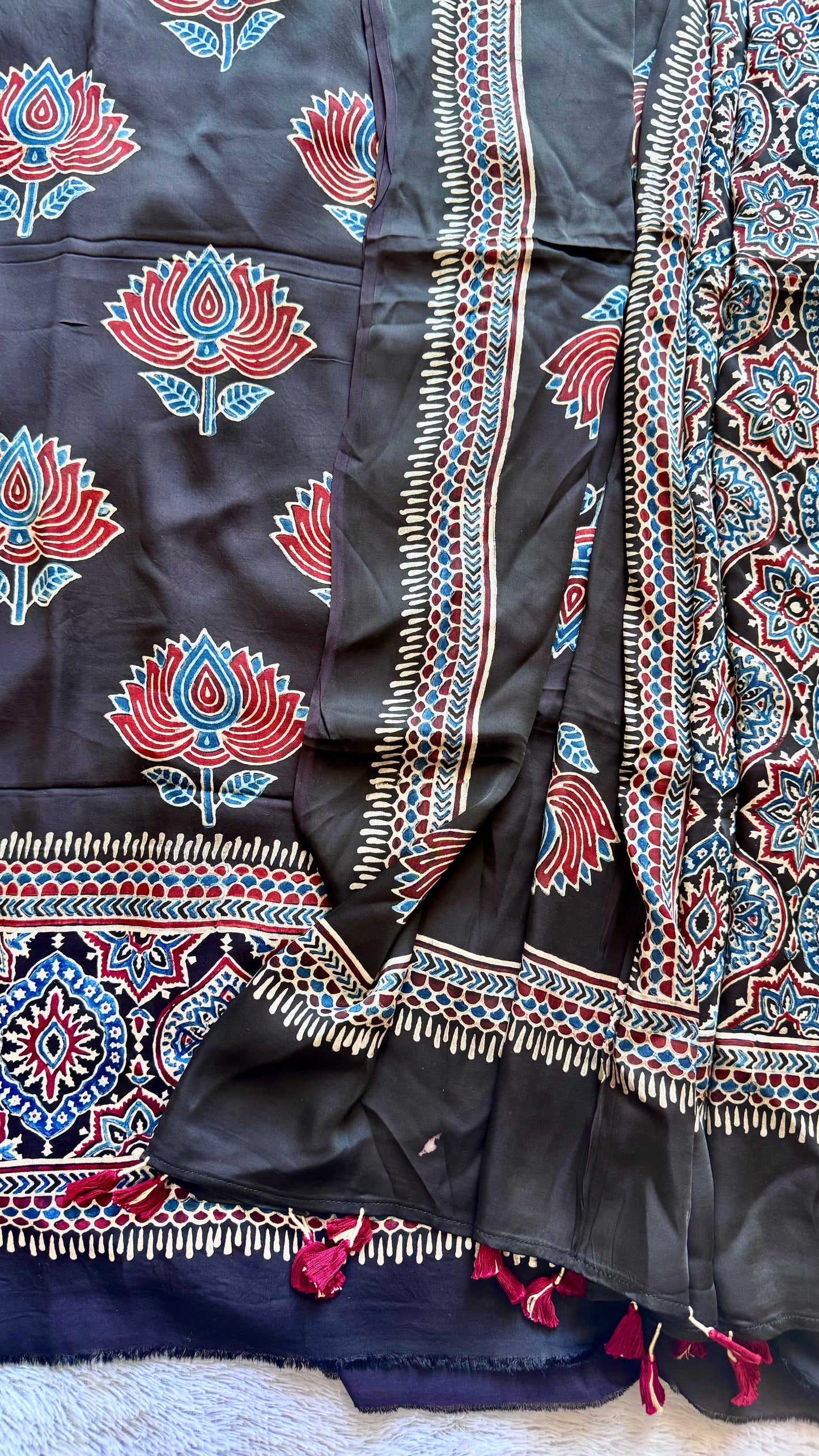 Black Kamal Boota Motif Ajrakh Hand Block Print Modal Silk Suit Material