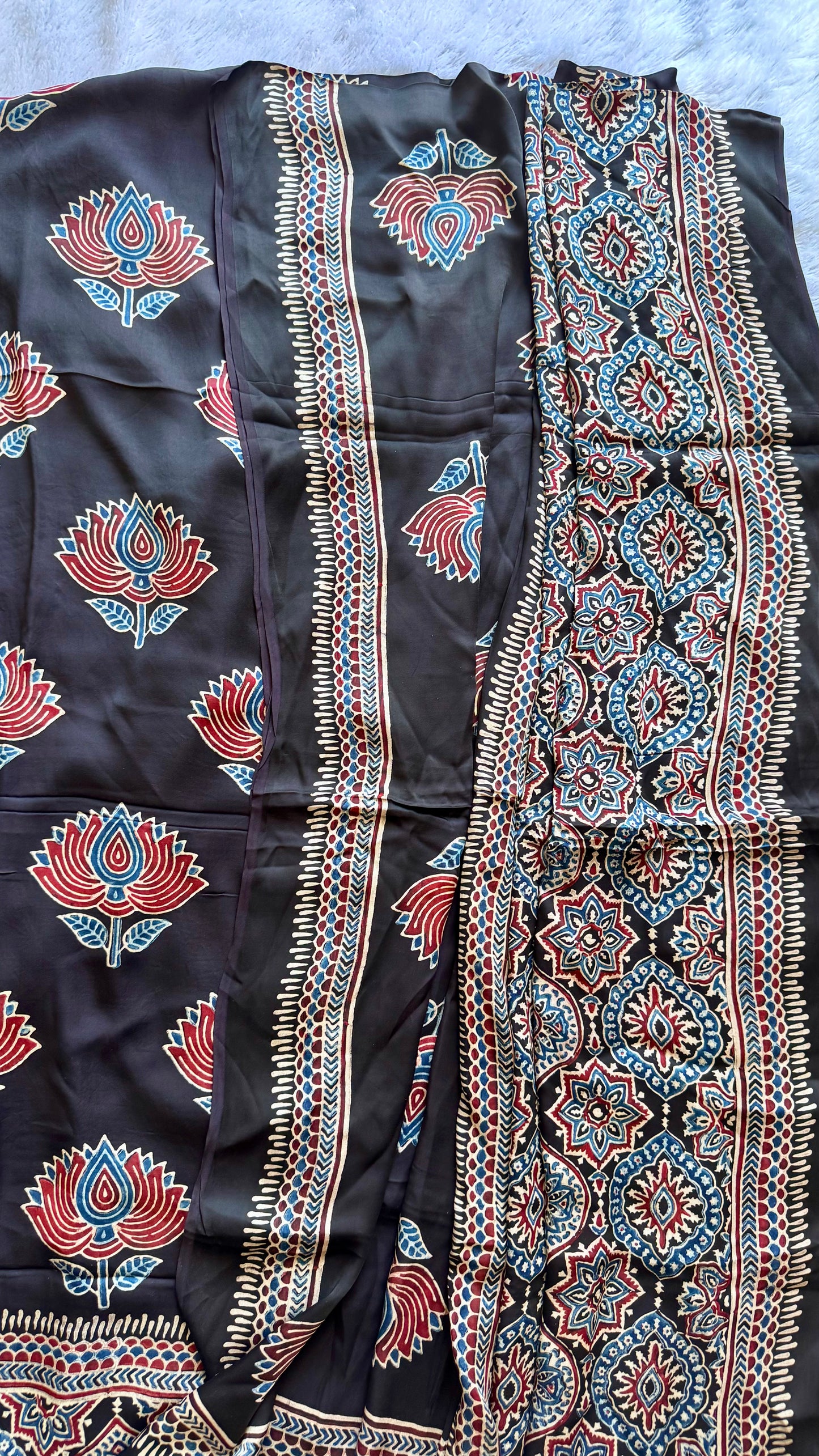 Black Kamal Boota Motif Ajrakh Hand Block Print Modal Silk Suit Material