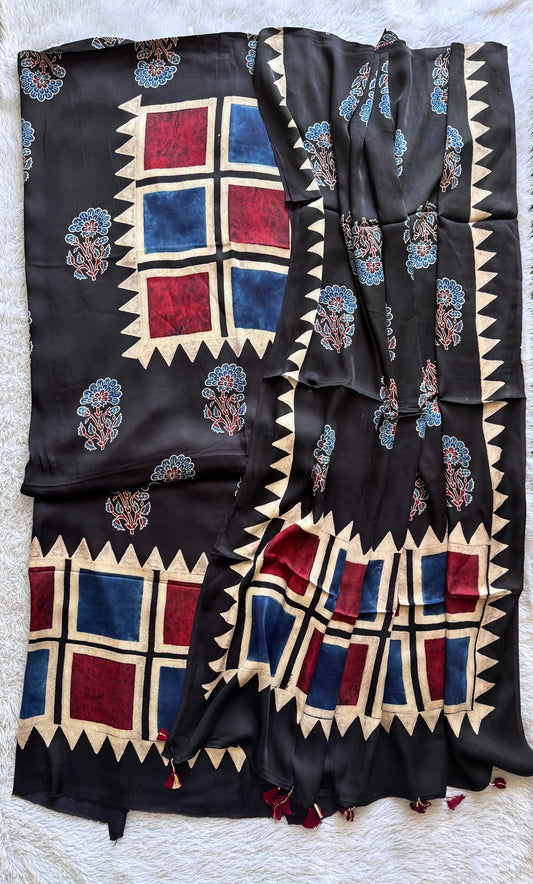 Black Blocks Foral Motif Ajrakh Hand Block Print Modal Silk Suit Material