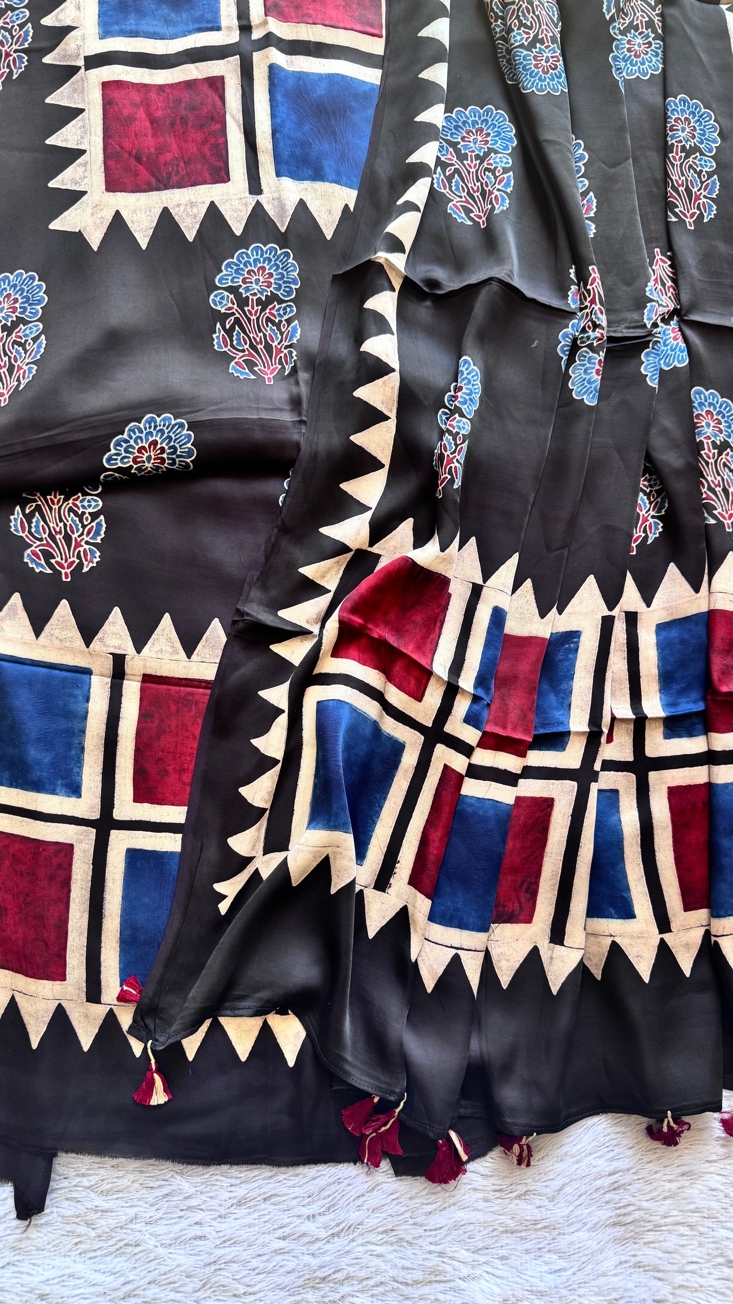 Black Blocks Foral Motif Ajrakh Hand Block Print 2 Piece Modal Silk Suit Material