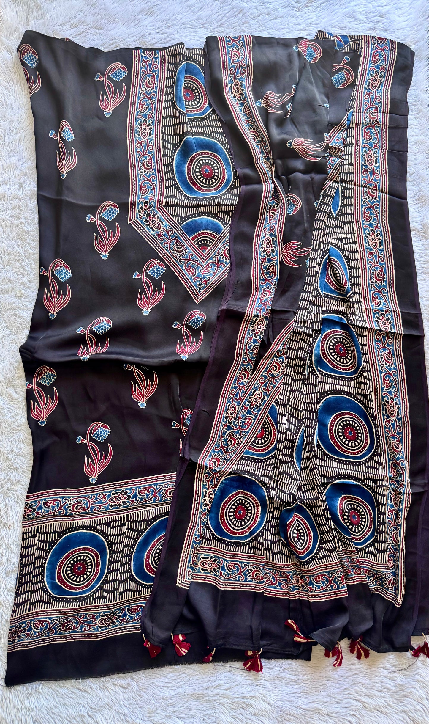 Black Foral Boota Motif Ajrakh Hand Block Print Modal Silk Suit Material