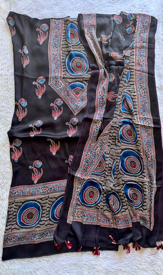 Black Foral Boota Motif Ajrakh Hand Block Print Modal Silk Suit Material