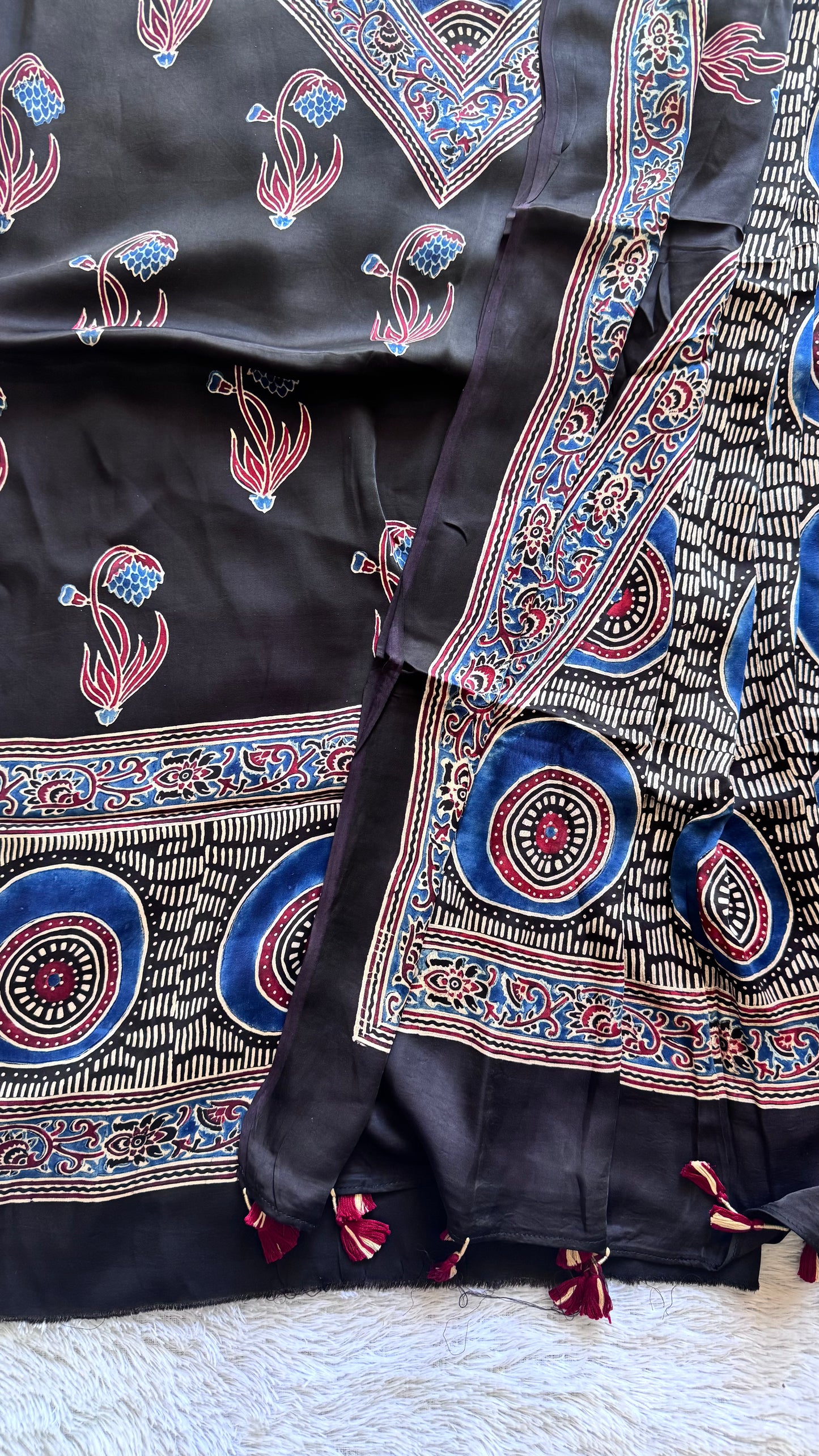 Black Foral Boota Motif Ajrakh Hand Block Print Modal Silk Suit Material