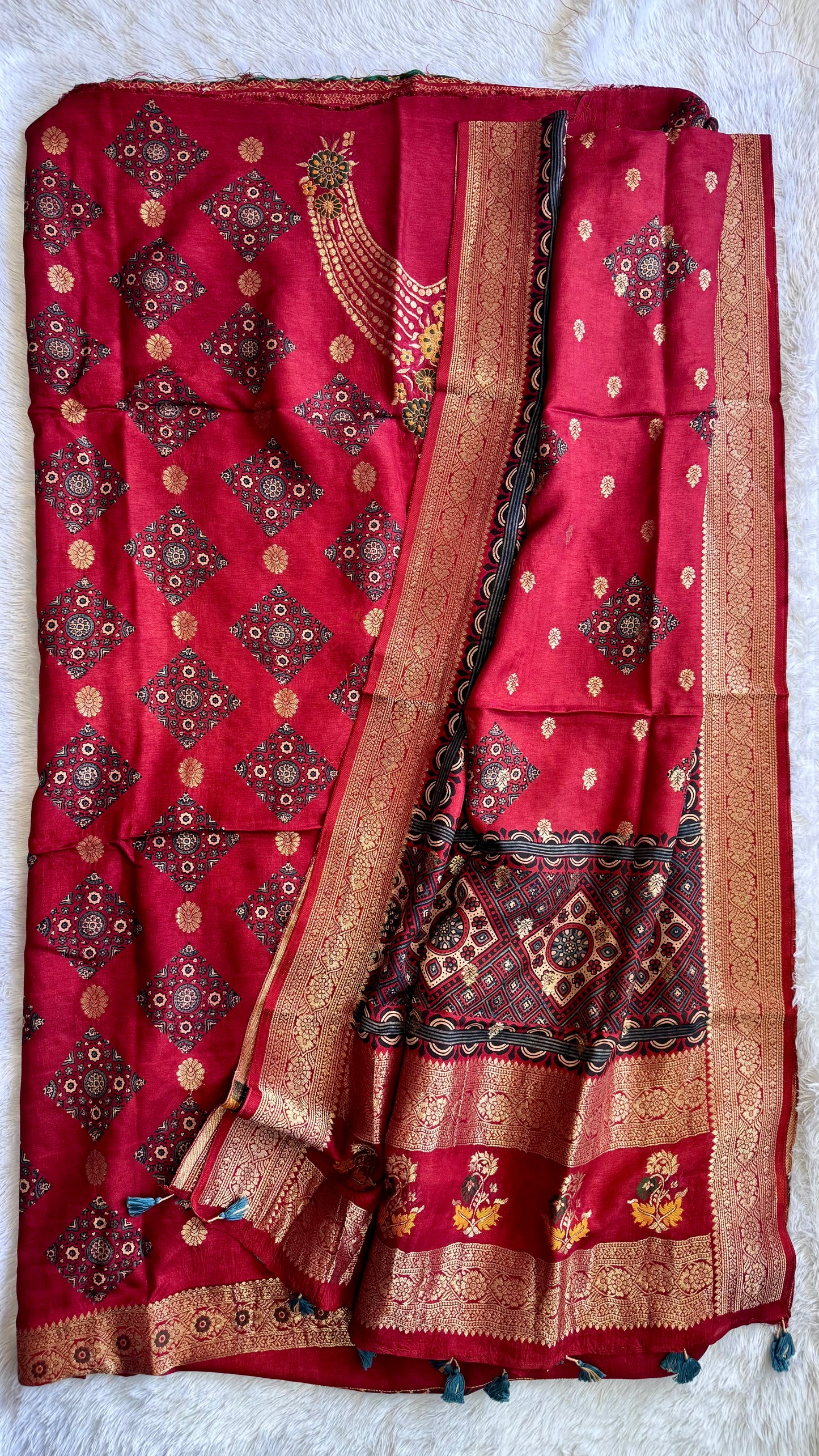 Red Diamond Floral Motif Pure Dola Silk Ajrakh Hand Block Print 2pc Suit Material Set with Zari Yoke and Nakkashi Dupatta