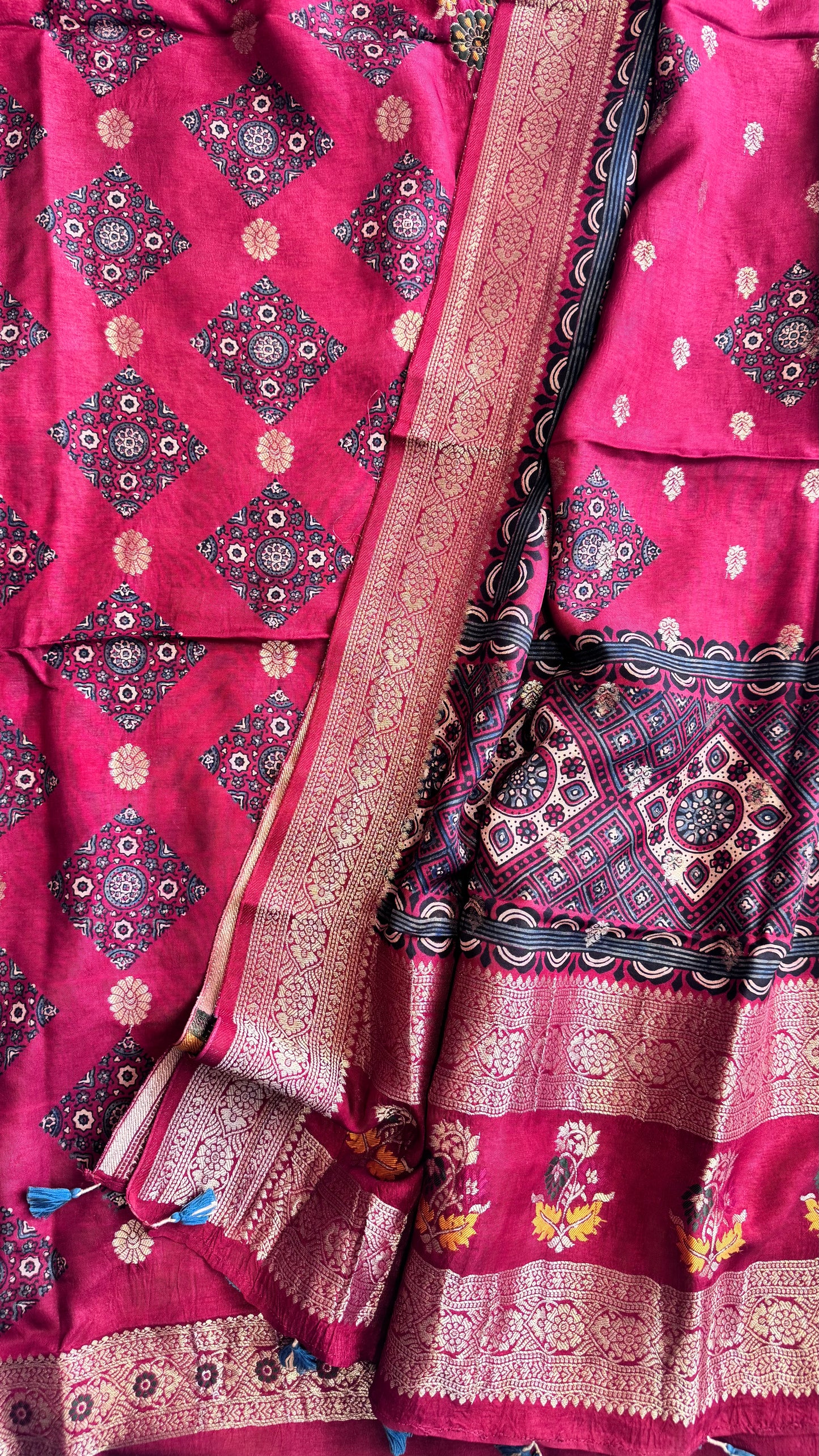 Red Diamond Floral Motif Pure Dola Silk Ajrakh Hand Block Print 2pc Suit Material Set with Zari Yoke and Nakkashi Dupatta