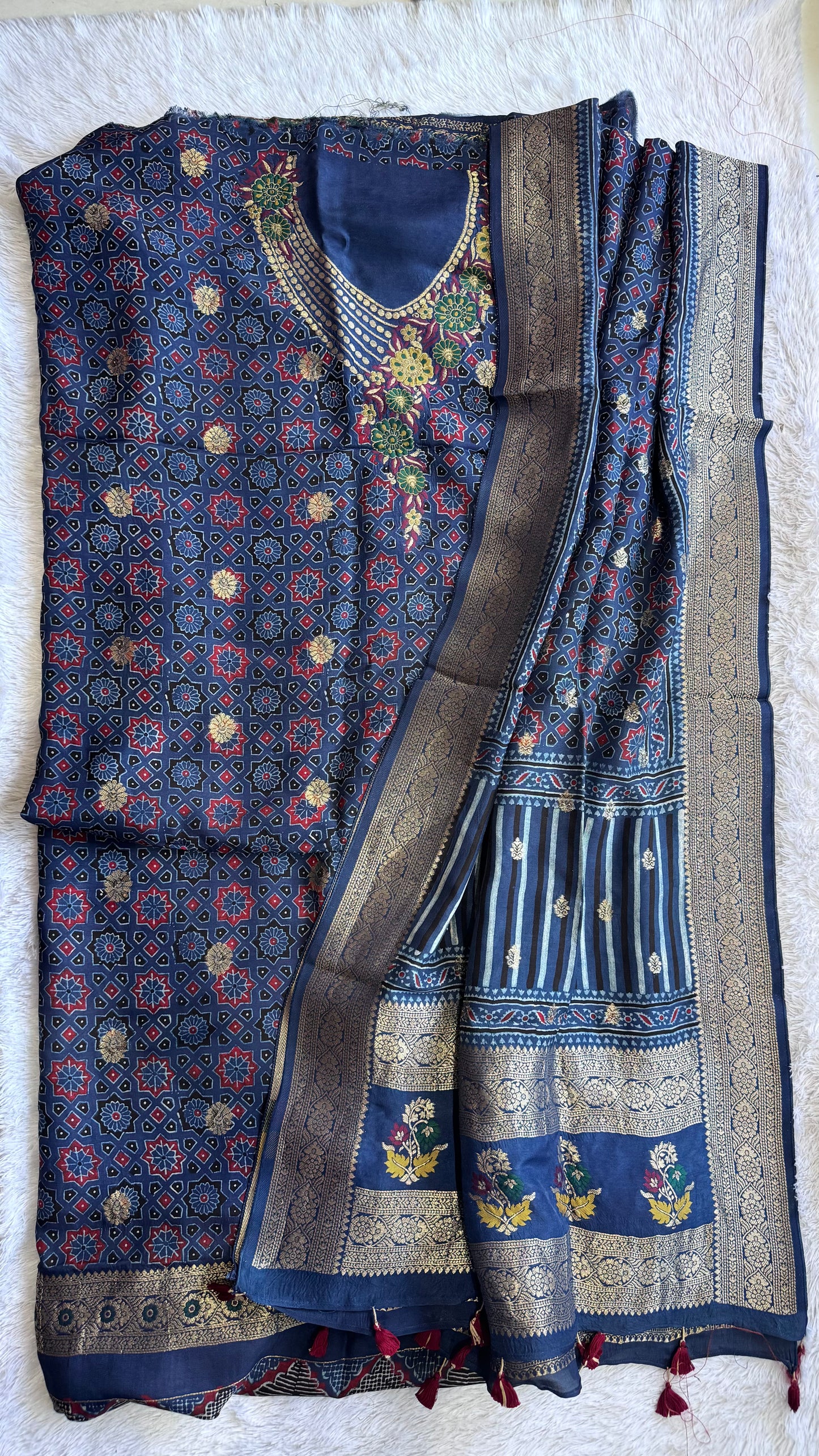 Blue Honeycomb Floral Motif Pure Dola Silk Ajrakh Hand Block Print 2pc Suit Material Set with Zari Yoke and Nakkashi Dupatta