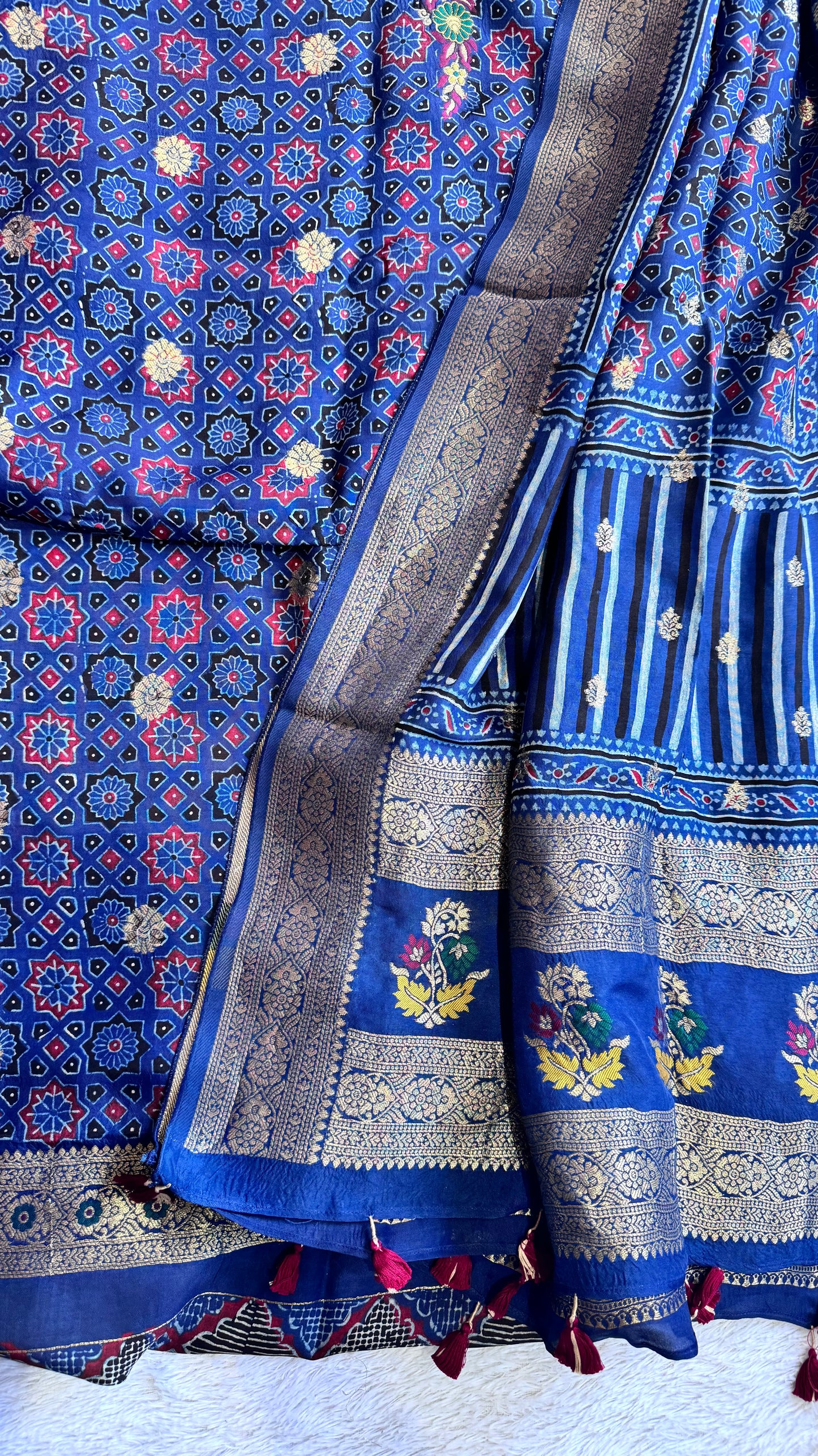 Blue Honeycomb Floral Motif Pure Dola Silk Ajrakh Hand Block Print 2pc Suit Material Set with Zari Yoke and Nakkashi Dupatta