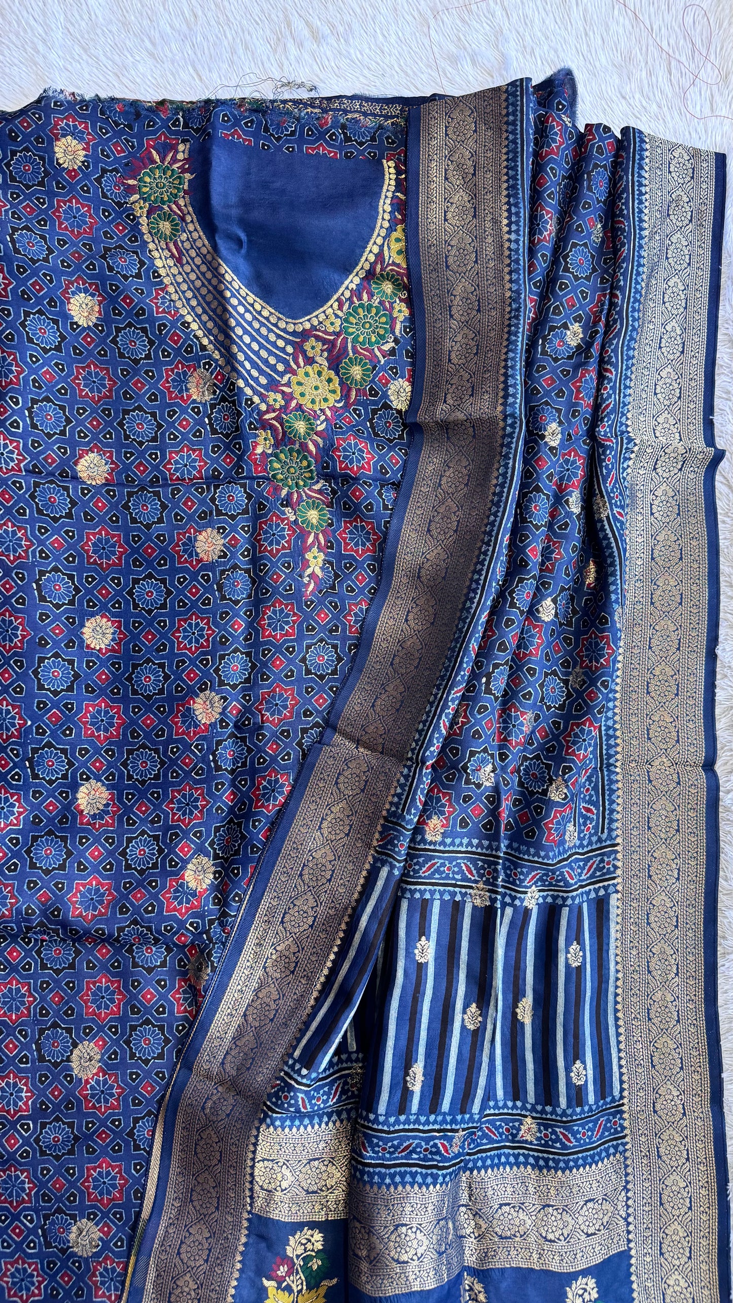 Blue Honeycomb Floral Motif Pure Dola Silk Ajrakh Hand Block Print 2pc Suit Material Set with Zari Yoke and Nakkashi Dupatta
