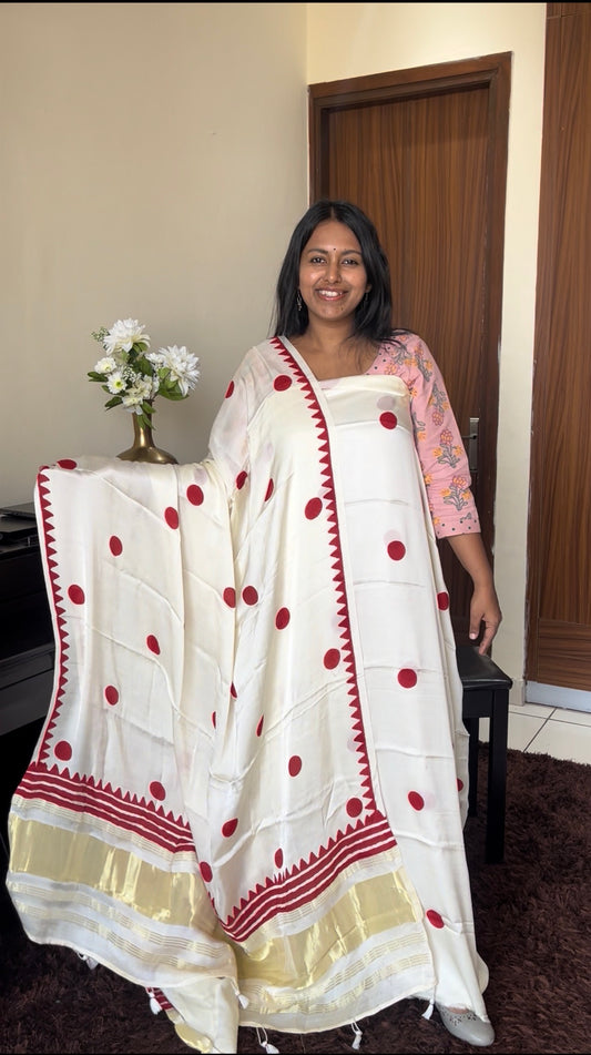 Milky White and Red Polka Motif Pure Modal Silk 2pc Suit Set with Lagdi Patti Dupatta