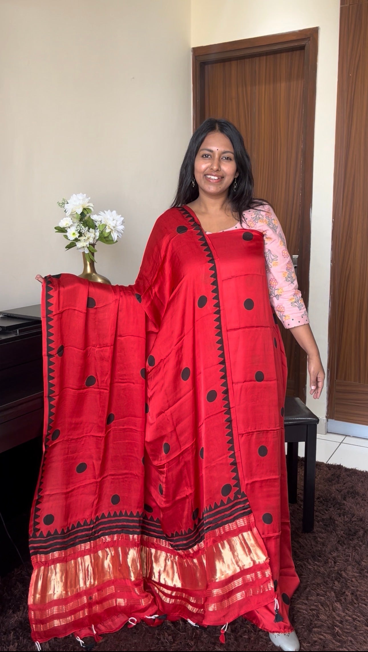 Red Alert Polka Motif Pure Modal Silk 2pc Suit Set with Lagdi Patti Dupatta