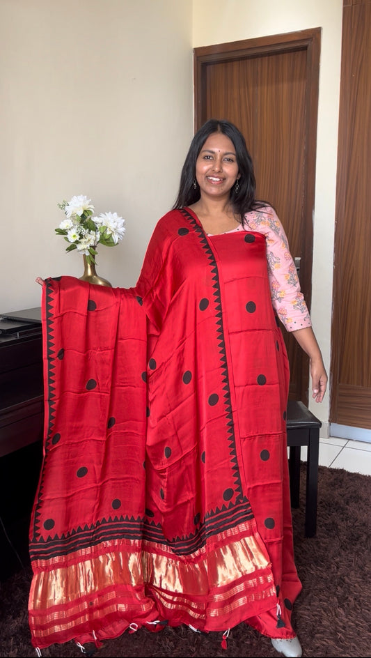 Red Alert Polka Motif Pure Modal Silk 2pc Suit Set with Lagdi Patti Dupatta