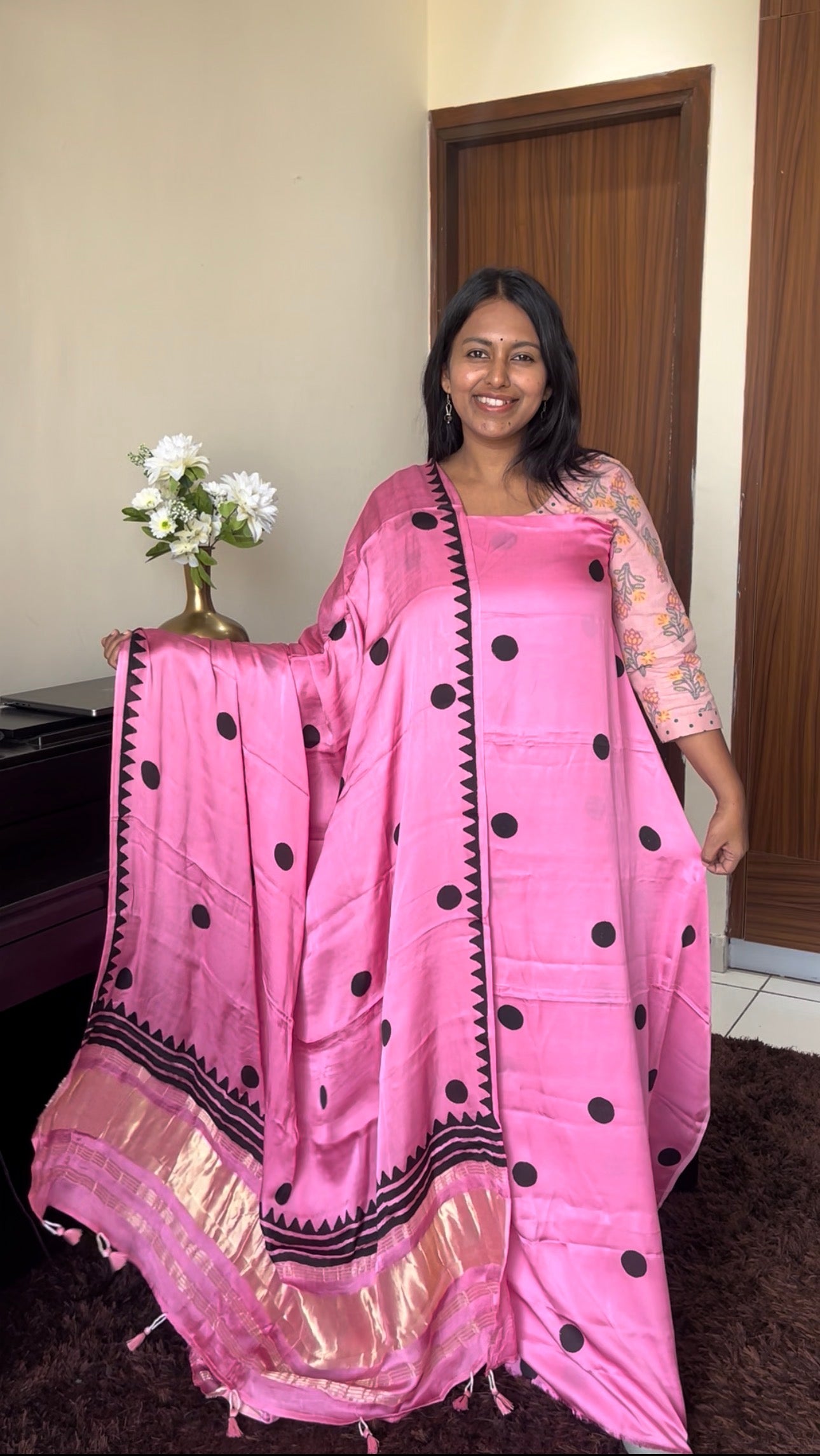 Bubblegum Pink Polka Motif Pure Modal Silk 2pc Suit Set with Lagdi Patti Dupatta