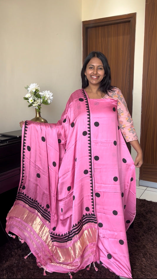 Bubblegum Pink Polka Motif Pure Modal Silk 2pc Suit Set with Lagdi Patti Dupatta