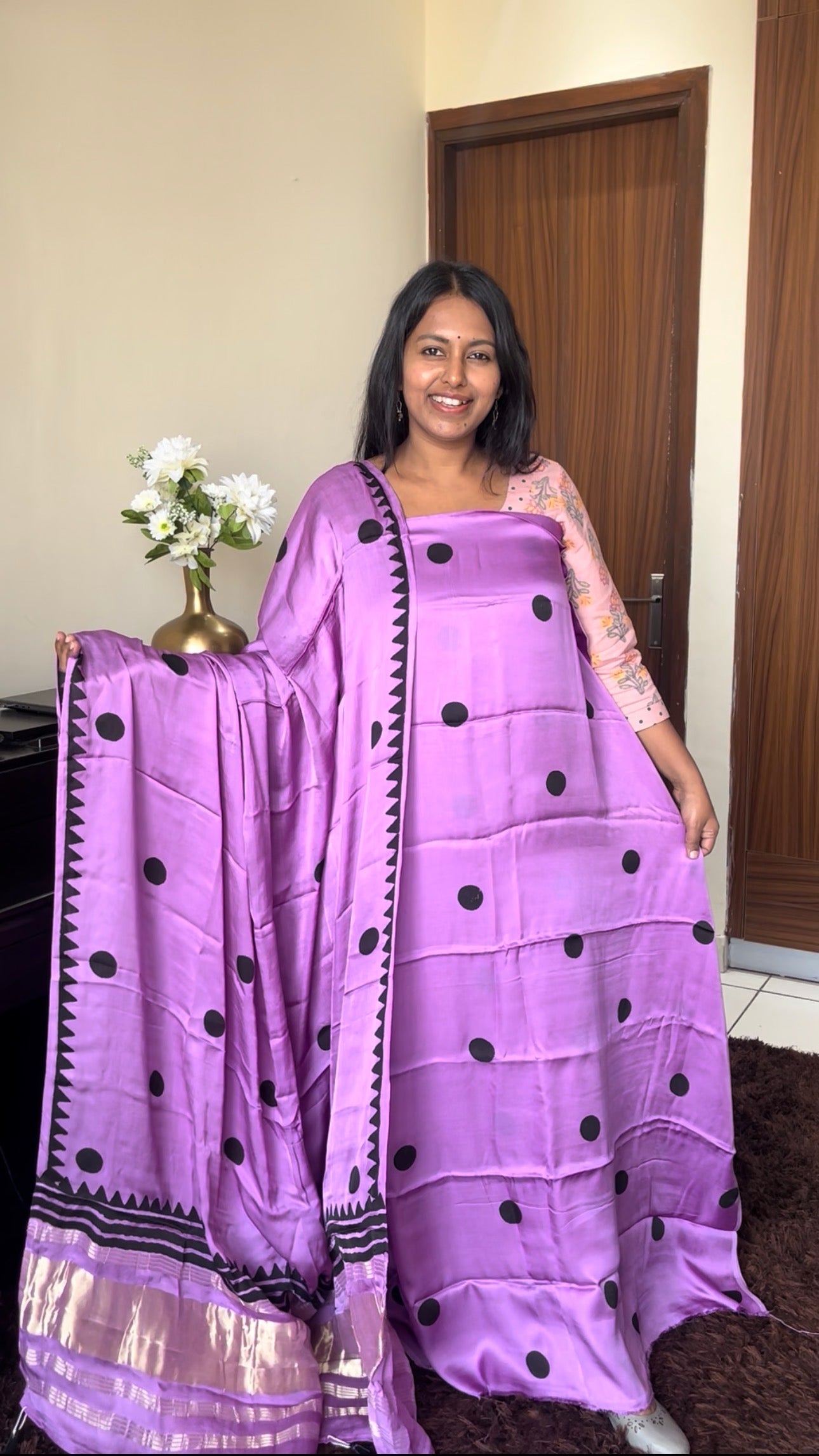 Lavender Polka Motif Pure Modal Silk 2pc Suit Set with Lagdi Patti Dupatta