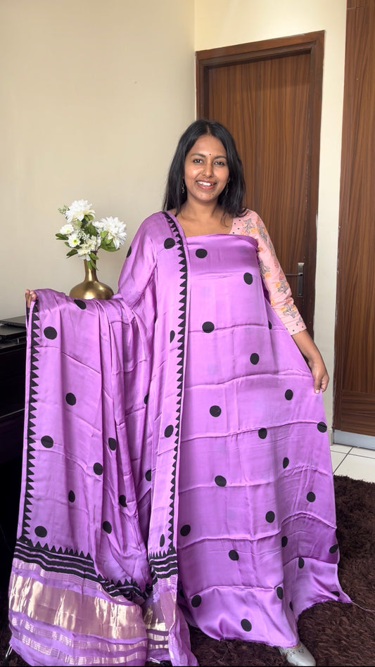 Lavender Polka Motif Pure Modal Silk 2pc Suit Set with Lagdi Patti Dupatta