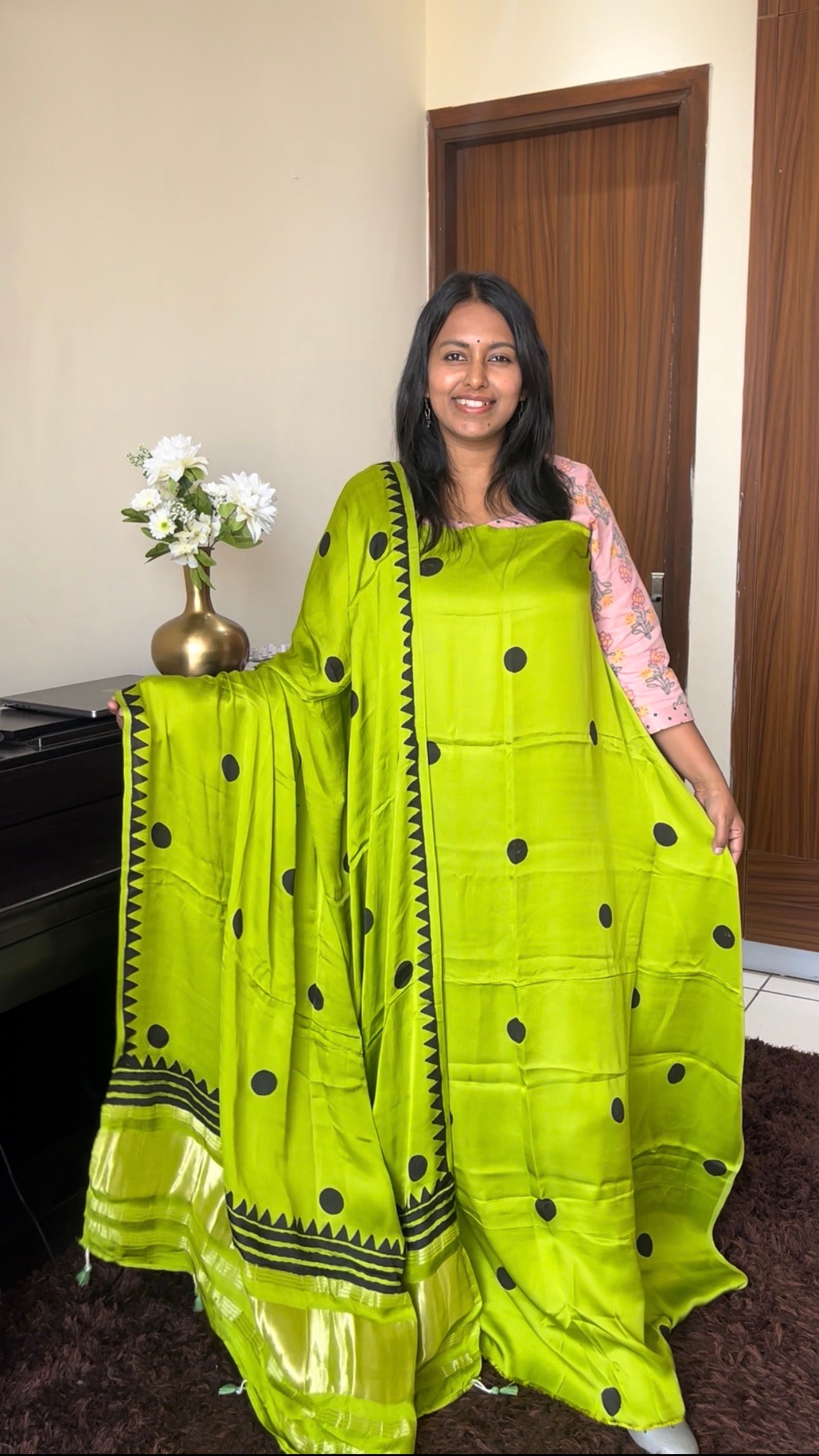 Lime Green Polka Motif Pure Modal Silk 2pc Suit Set with Lagdi Patti Dupatta