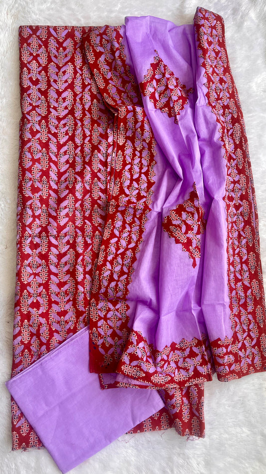 Purple and Red Barmer Applique Cut Work Cotton Suit Material Set