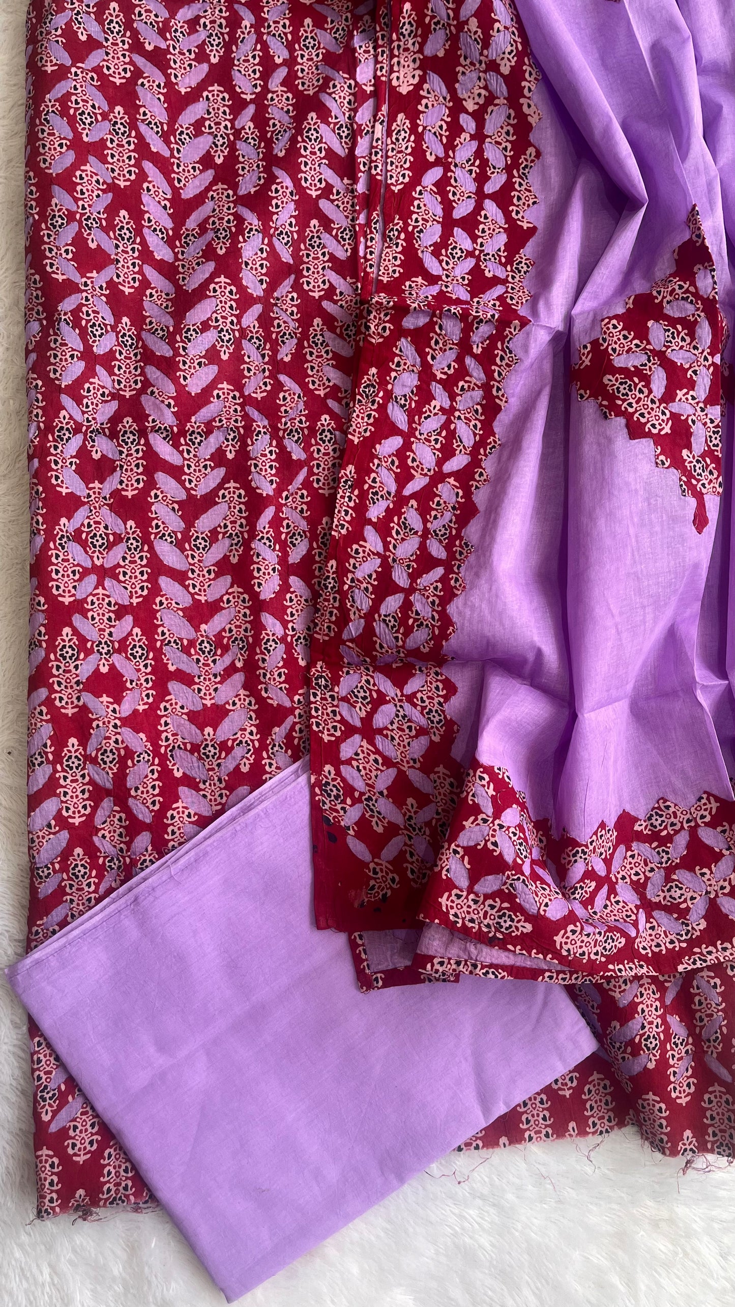 Purple and Red Barmer Applique Cut Work Cotton Suit Material Set